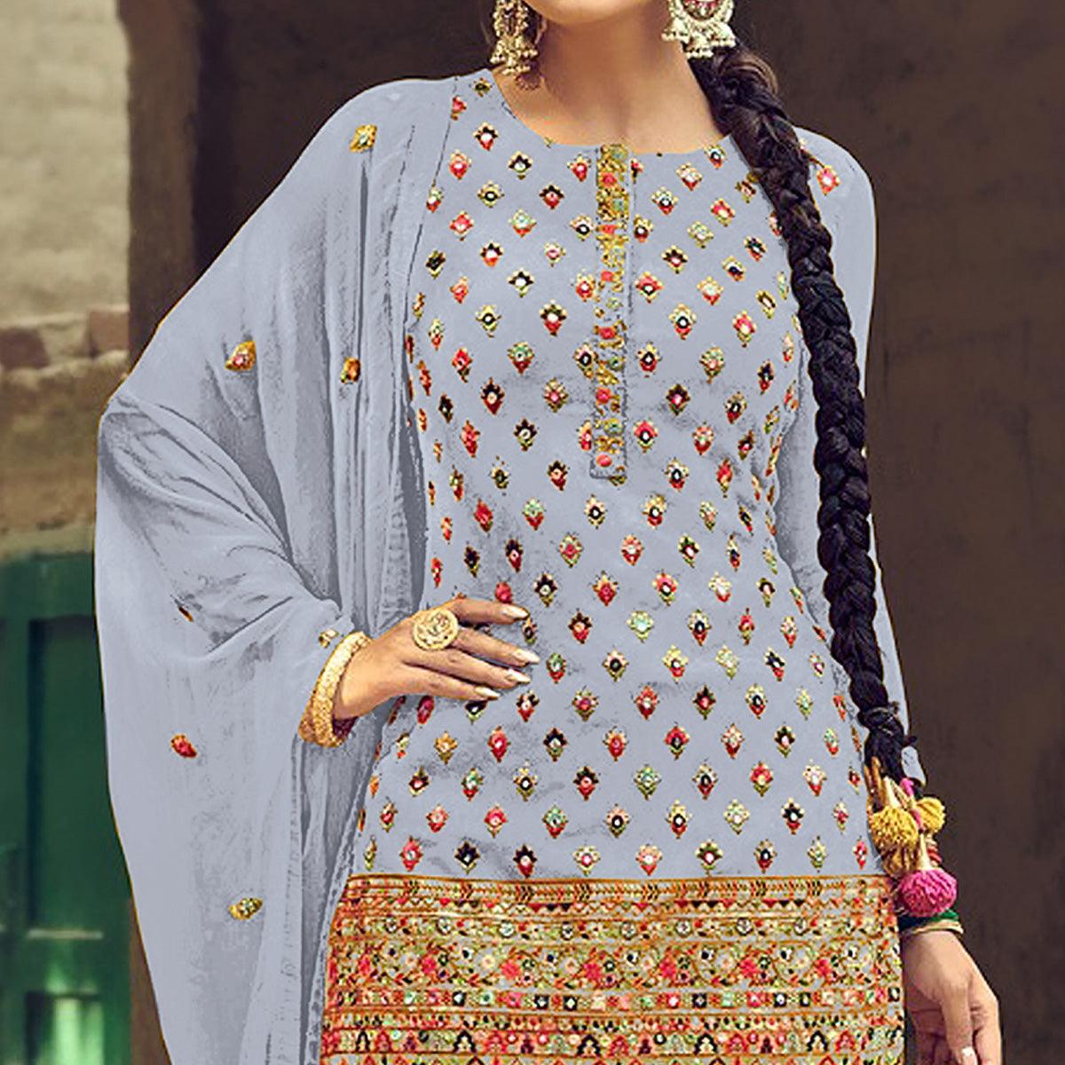 Light Lavendor Partywear Embroidered with Sequence Work Heavy Faux Georgette Patiala Suit - Peachmode