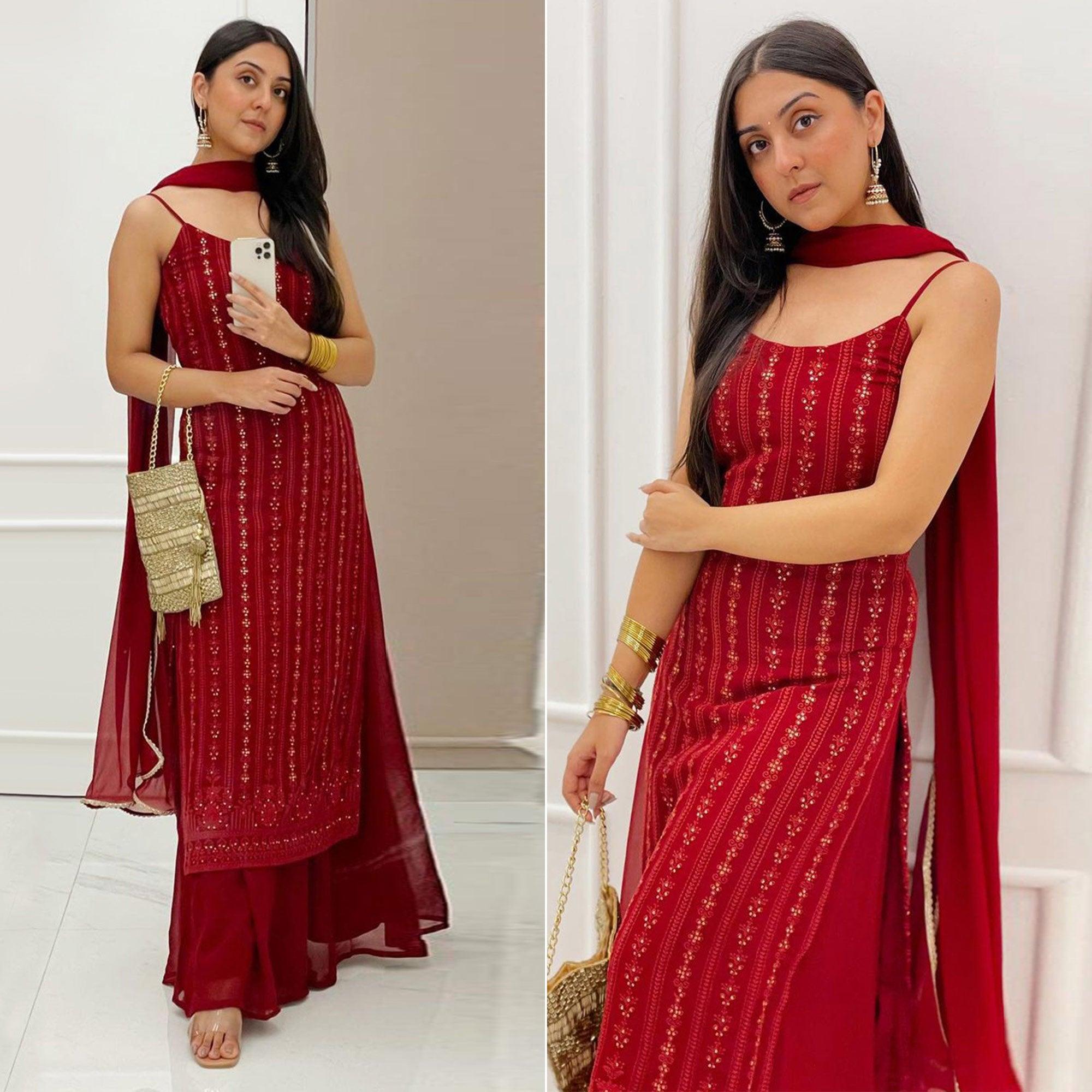 Light Maroon Partywear Lakhnavi Sequence Embroidered Georgette Palazzo Suit with Dupatta - Peachmode