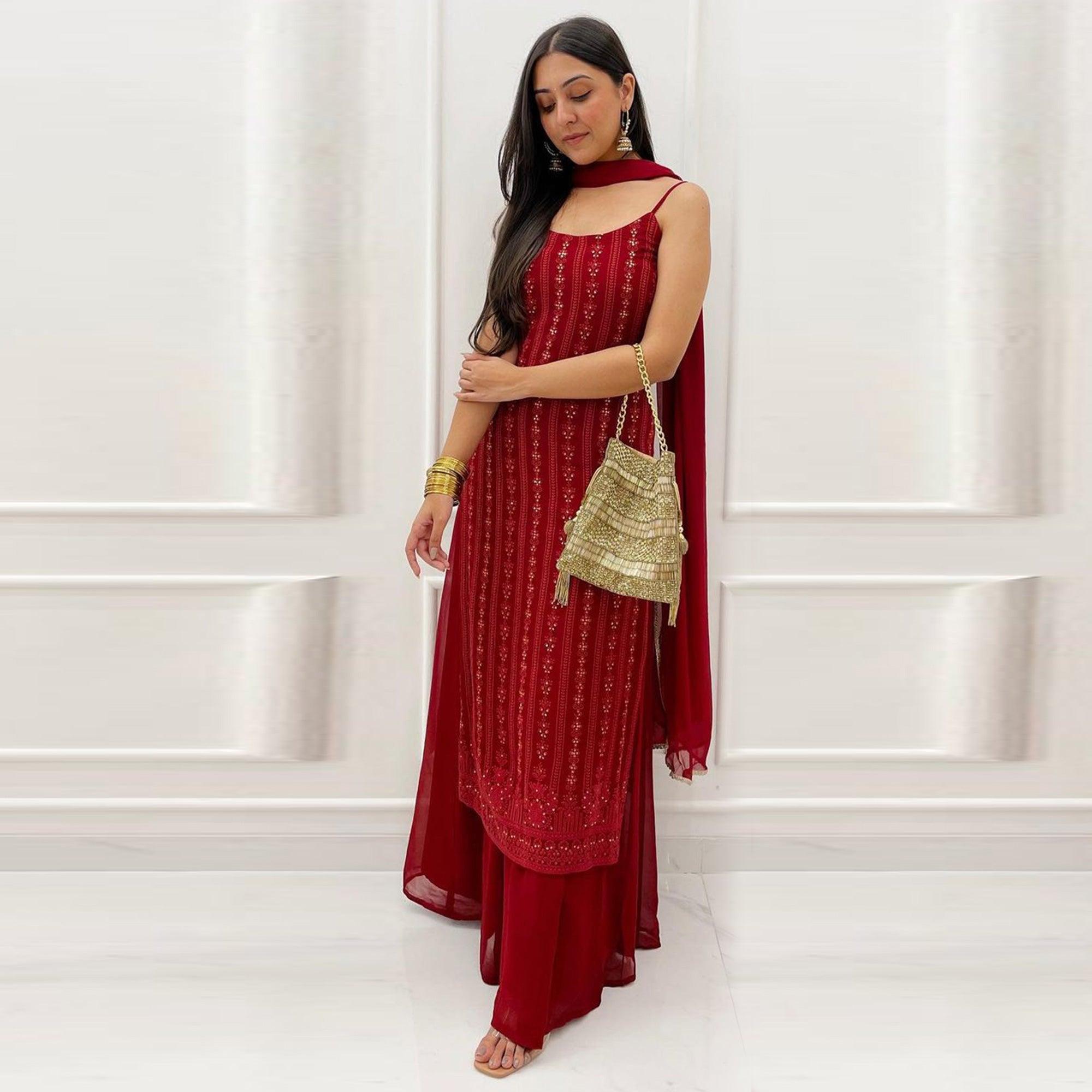 Light Maroon Partywear Lakhnavi Sequence Embroidered Georgette Palazzo Suit with Dupatta - Peachmode