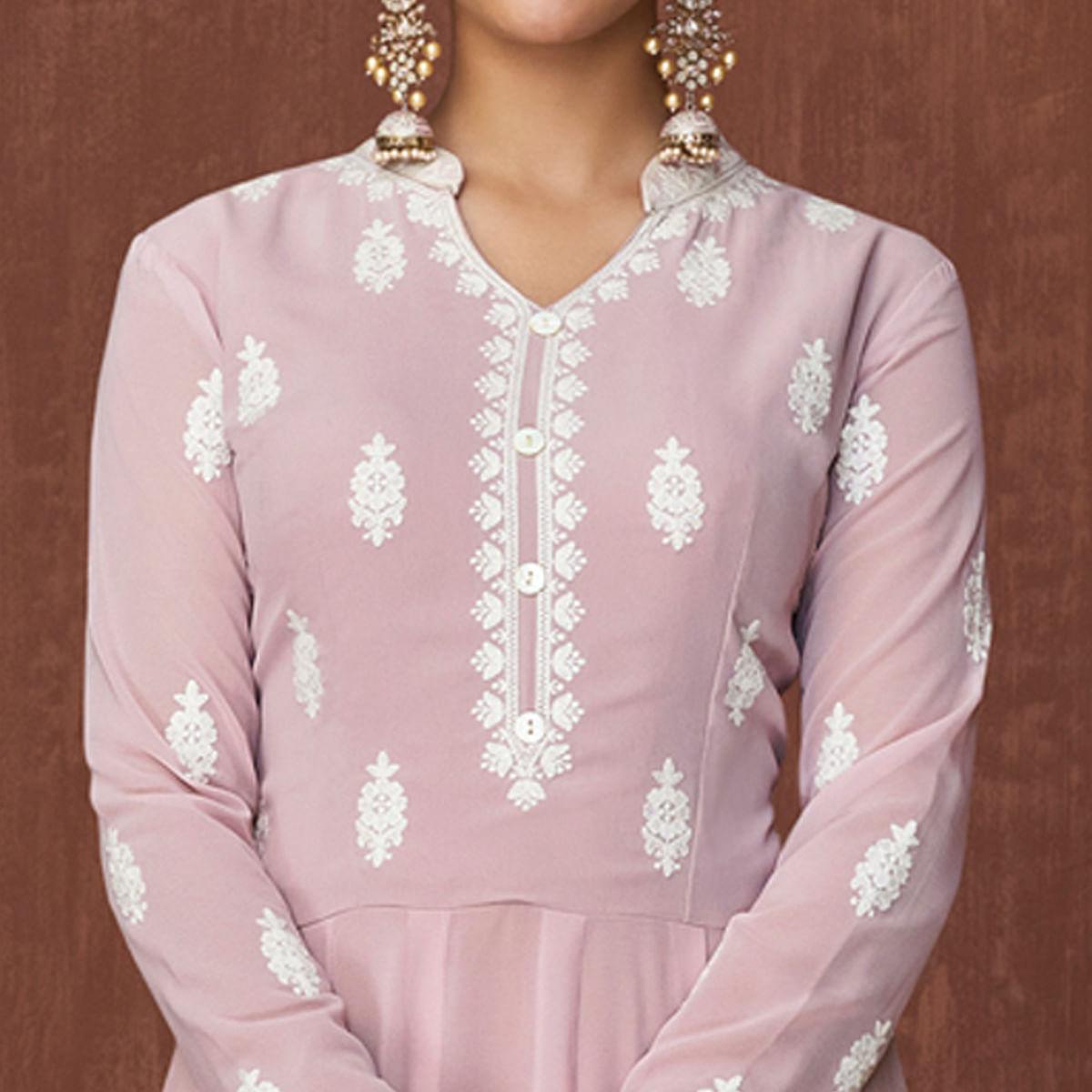 Light Mauve Lucknowi Embroidered Rayon Gown - Peachmode