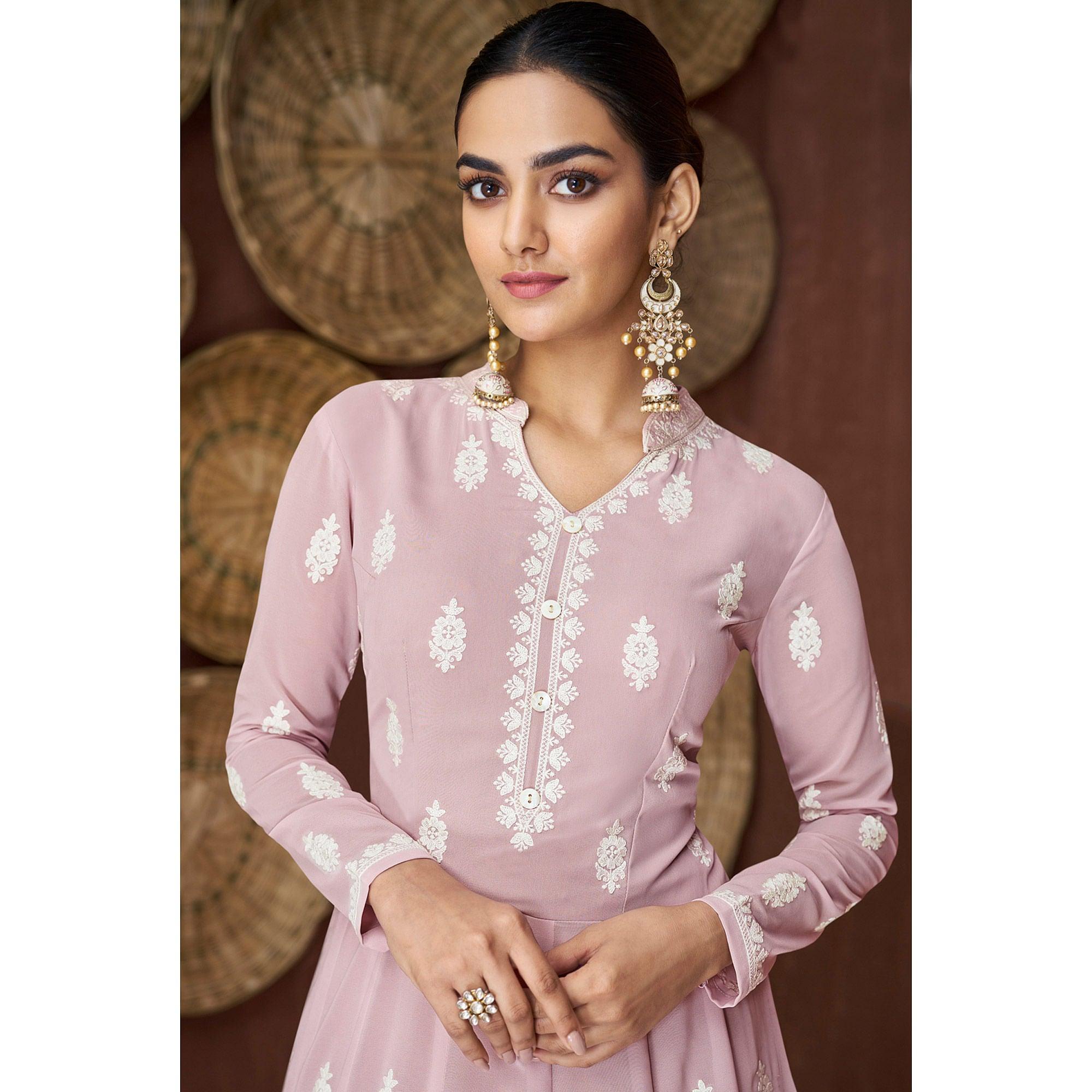 Light Mauve Lucknowi Embroidered Rayon Gown - Peachmode