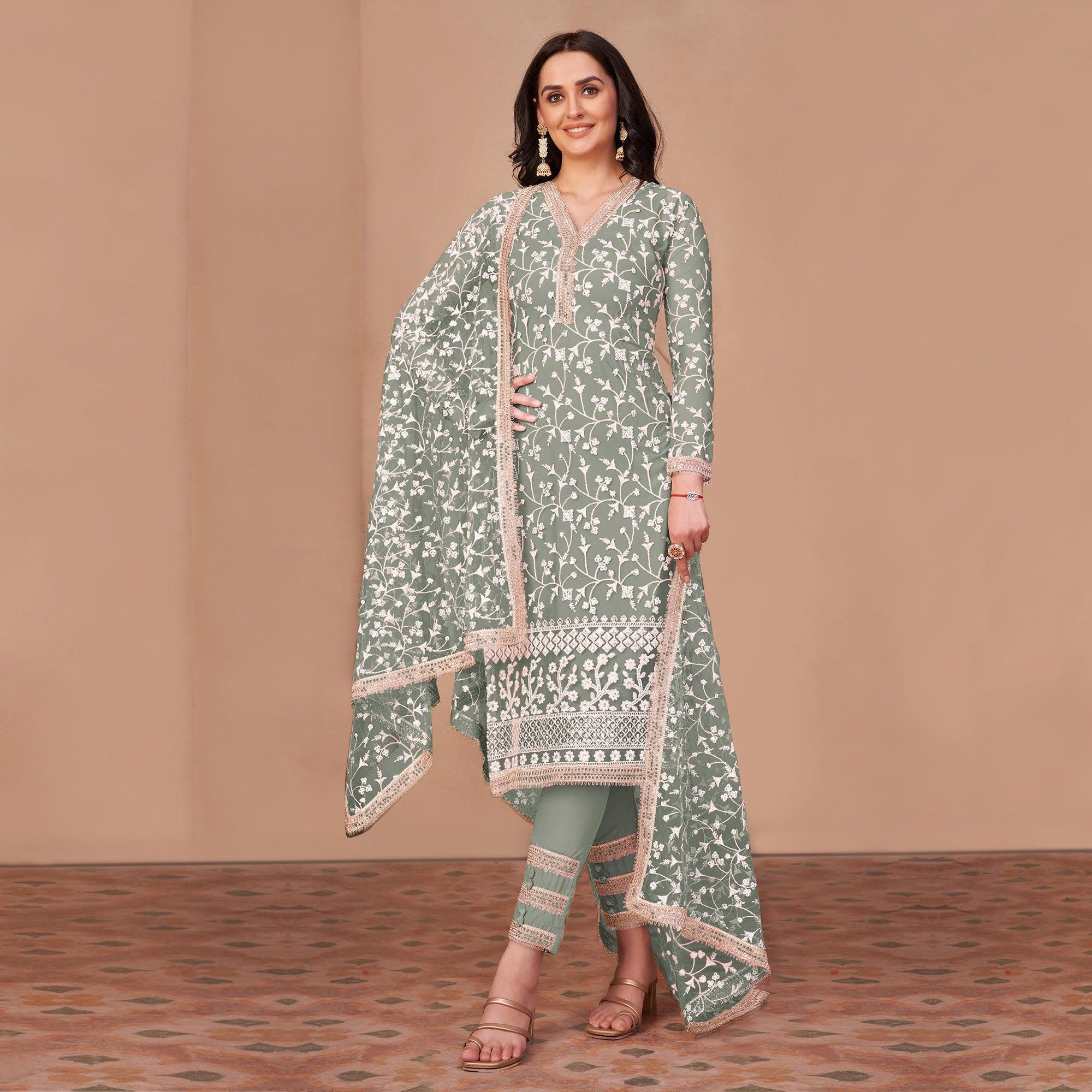 Light Mehendi Green Floral Embroidered Netted Suit - Peachmode
