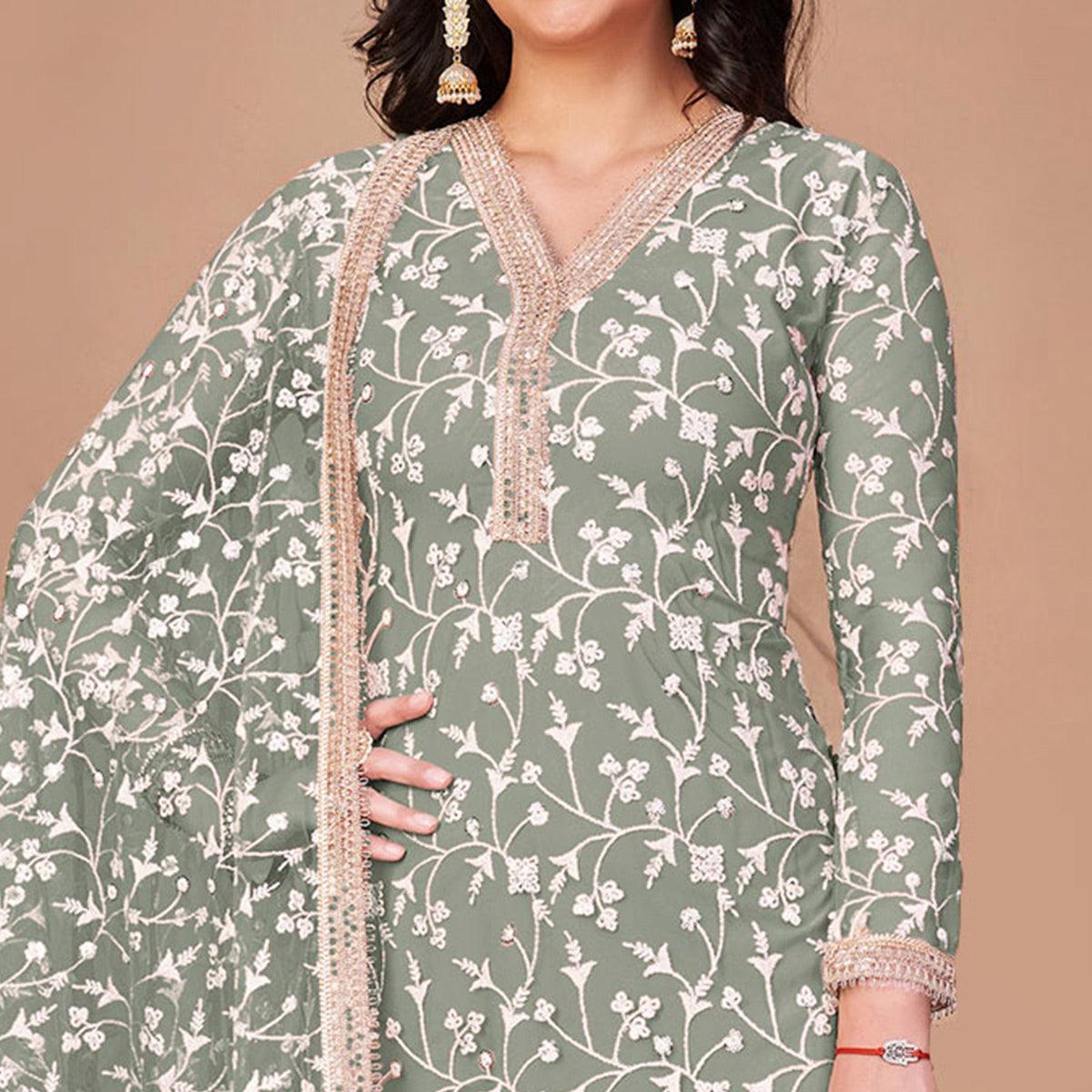 Light Mehendi Green Floral Embroidered Netted Suit - Peachmode