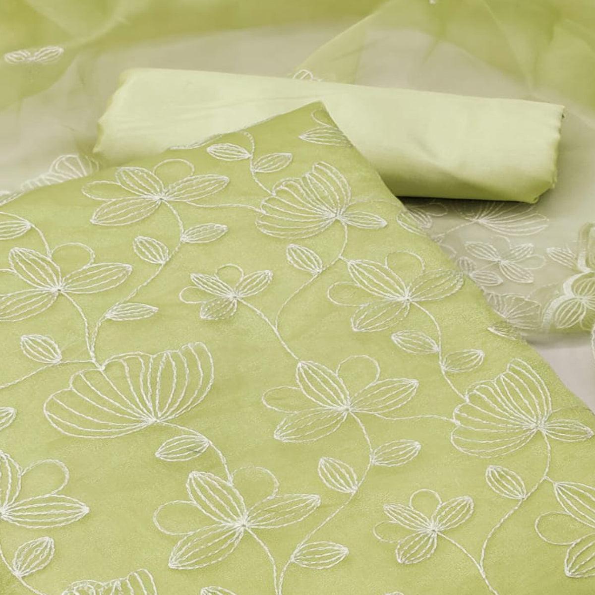 Light Mehendi Green Floral Embroidered Organza Dress Material - Peachmode