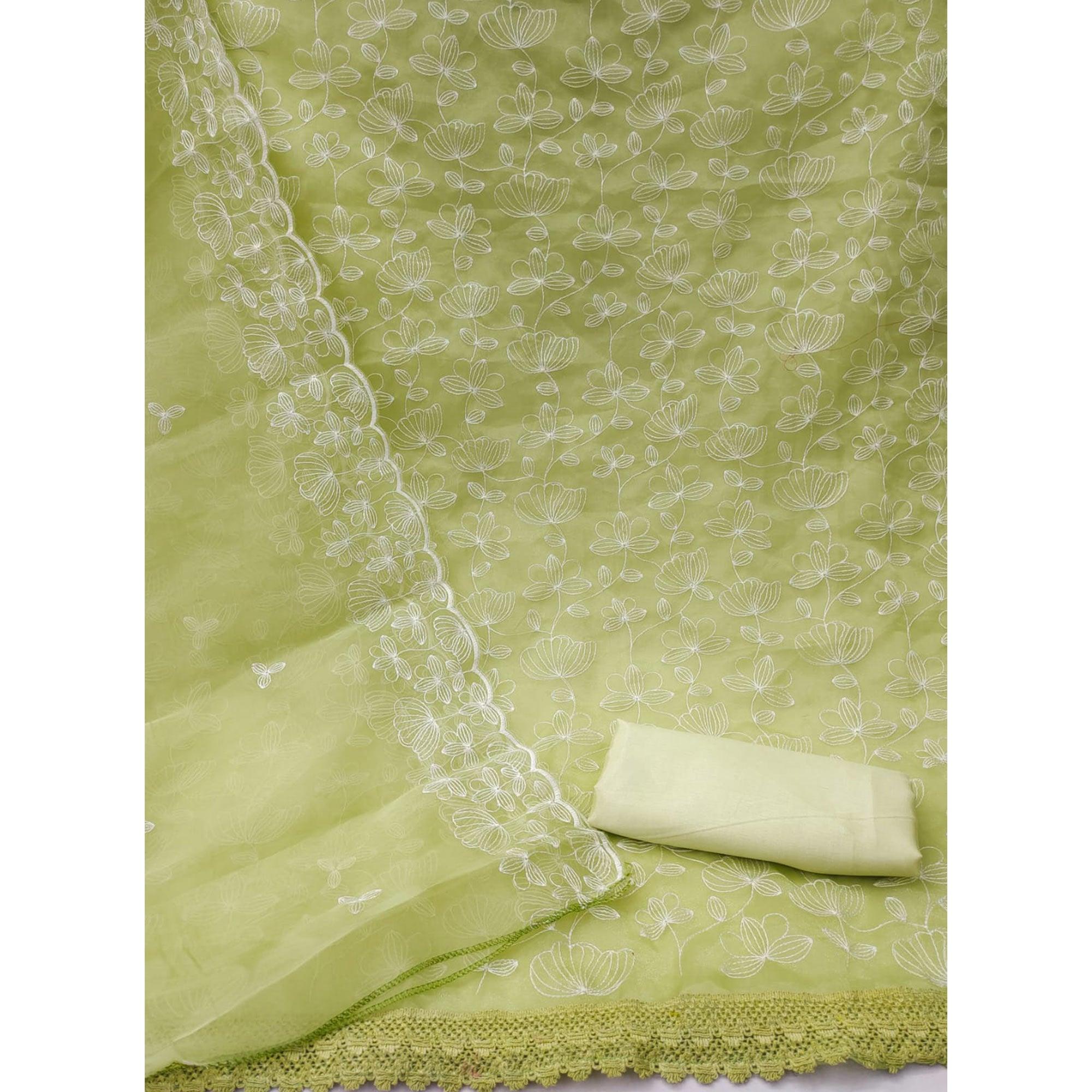 Light Mehendi Green Floral Embroidered Organza Dress Material - Peachmode