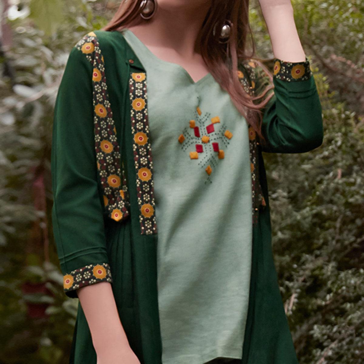 Light Mint-Green Partywear Embroidered Rayon Top-Bottom Set With Shrug - Peachmode