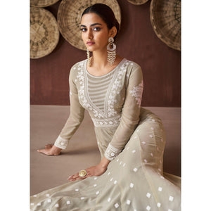 Light Olive Green Party Wear Heavy Embroidered Georgette Gown - Peachmode