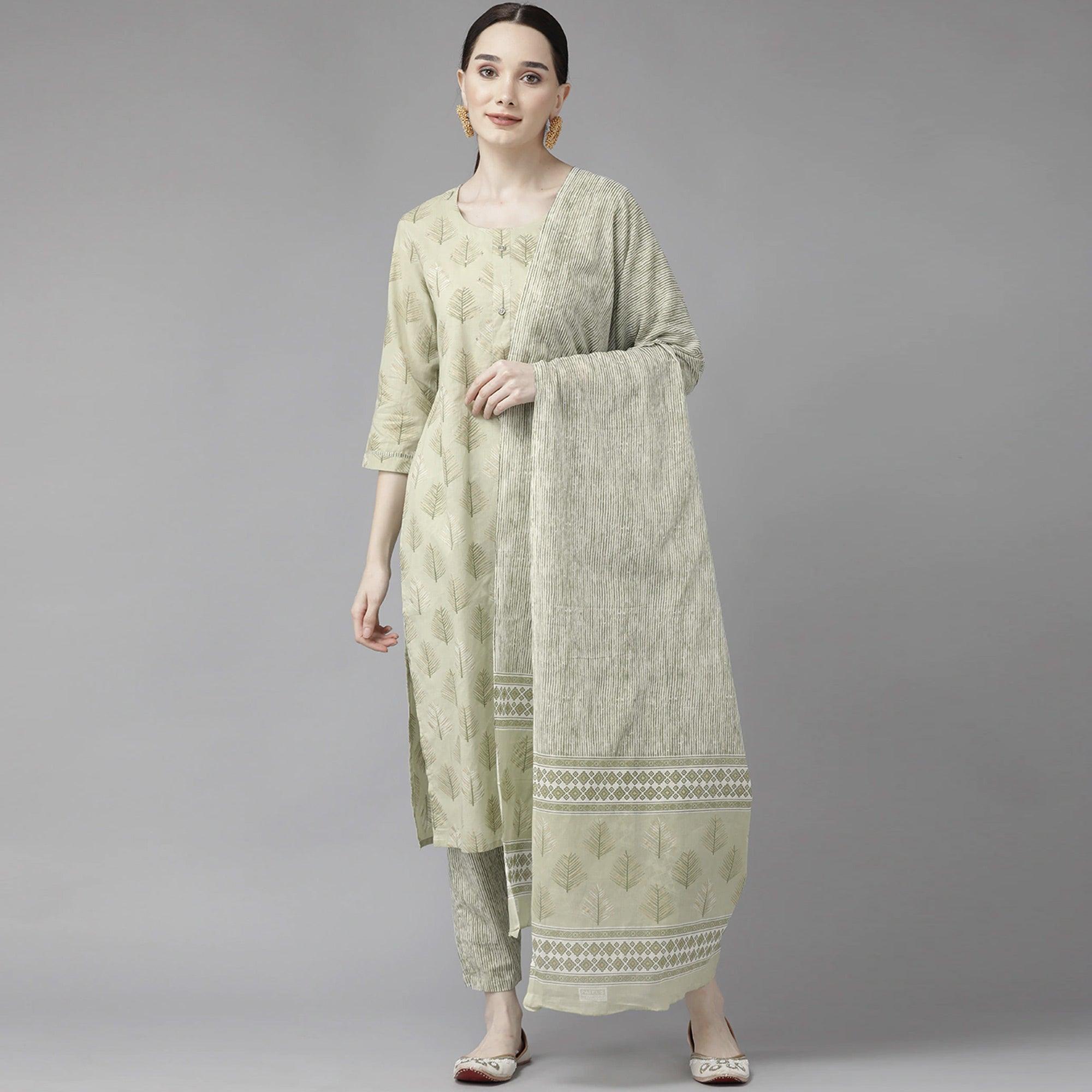Light Olive Green Printed Pure Cotton Kurti Pant Set with Dupatta - Peachmode