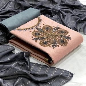 Light Orange Casual Wear Embroidered Modal Dress Material - Peachmode