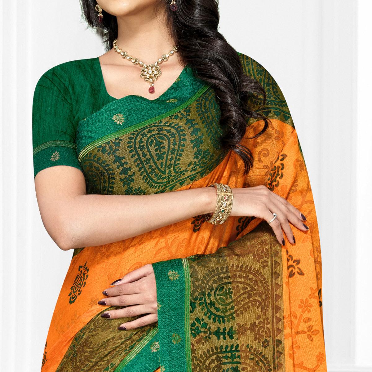 Light Orange Casual Wear Printed Brasso Chiffon Saree - Peachmode