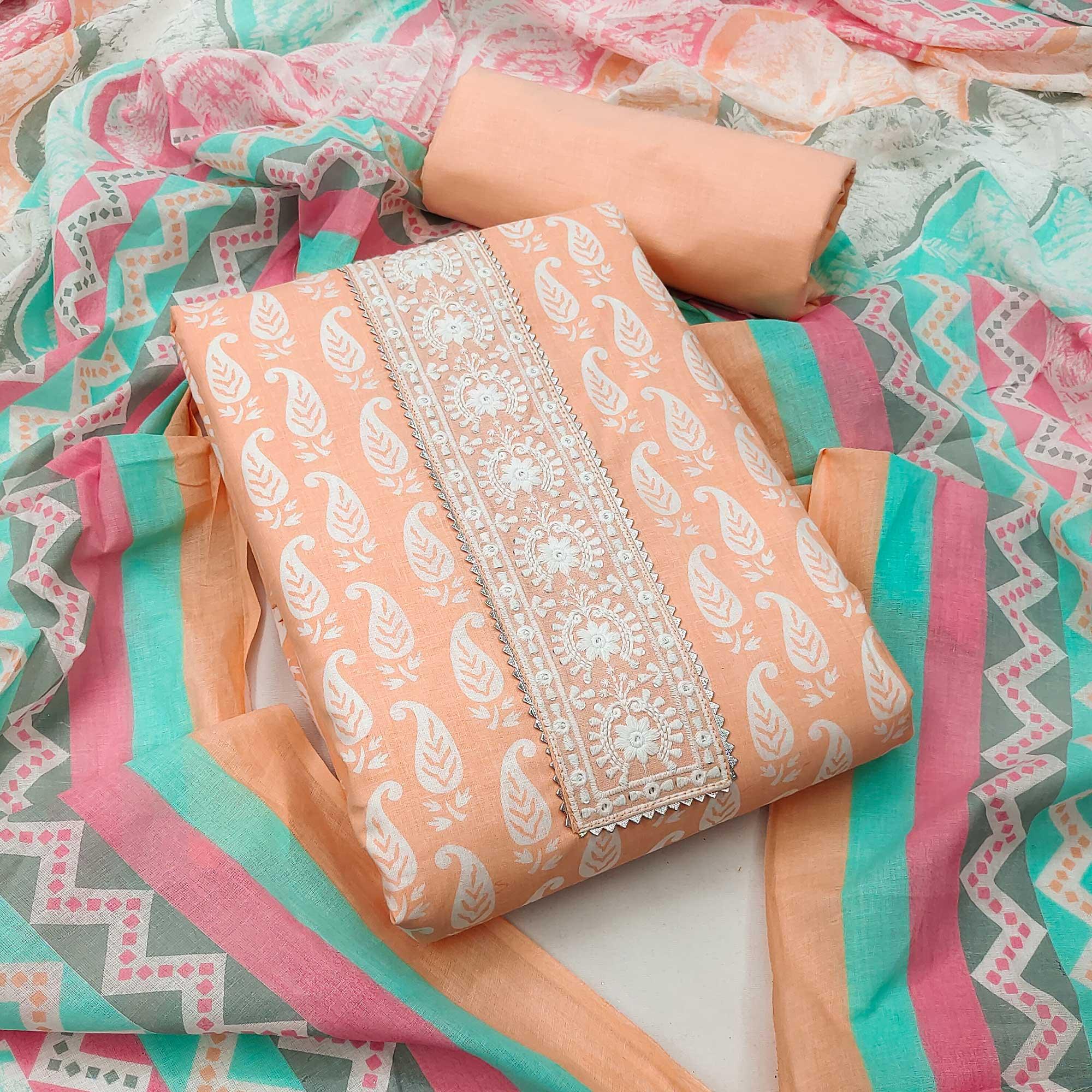 Light Orange Casual Wear Printed Cotton Dress Material - Peachmode