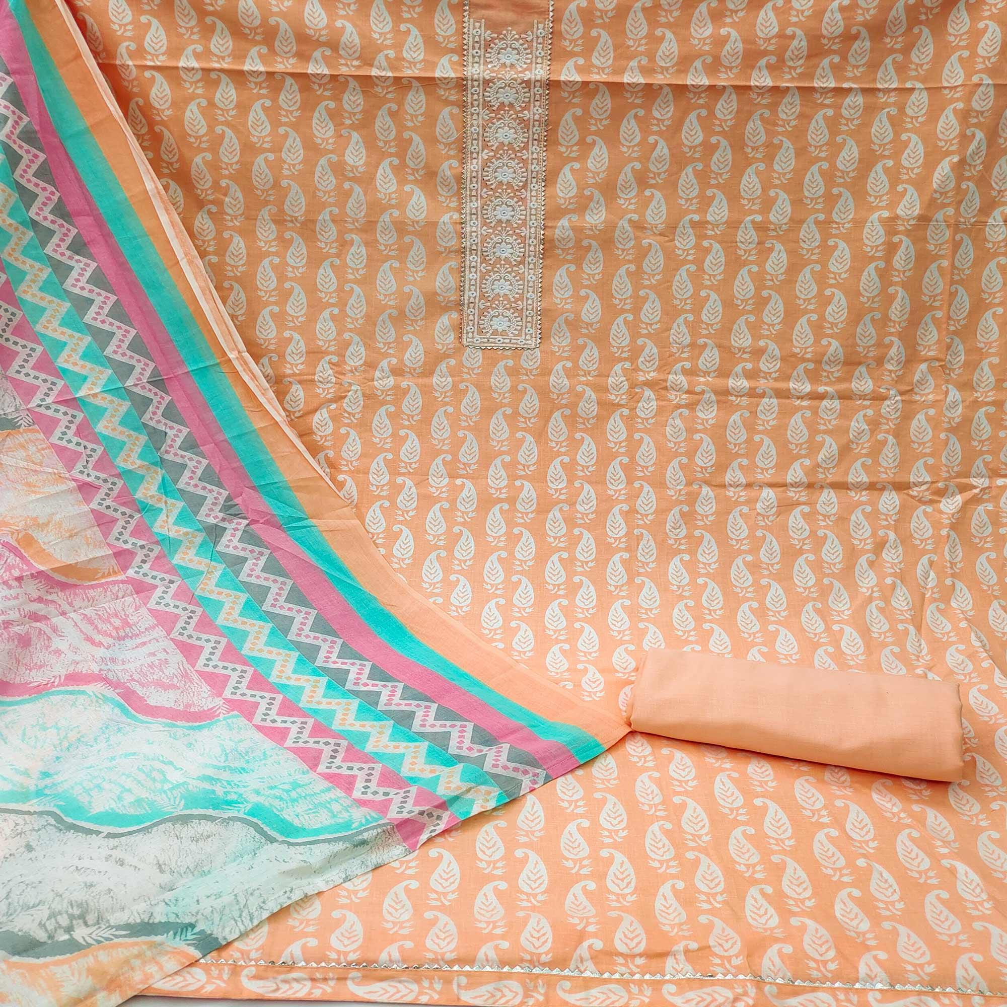Light Orange Casual Wear Printed Cotton Dress Material - Peachmode