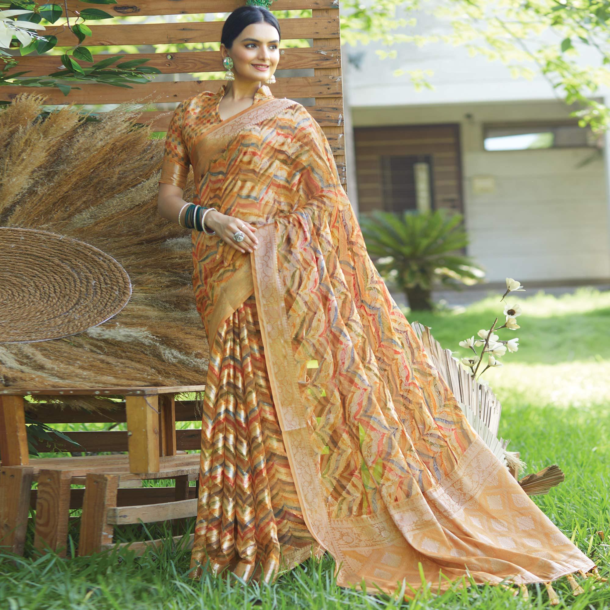 Light Orange Digital Printed Art Silk Saree With Tassels - Peachmode