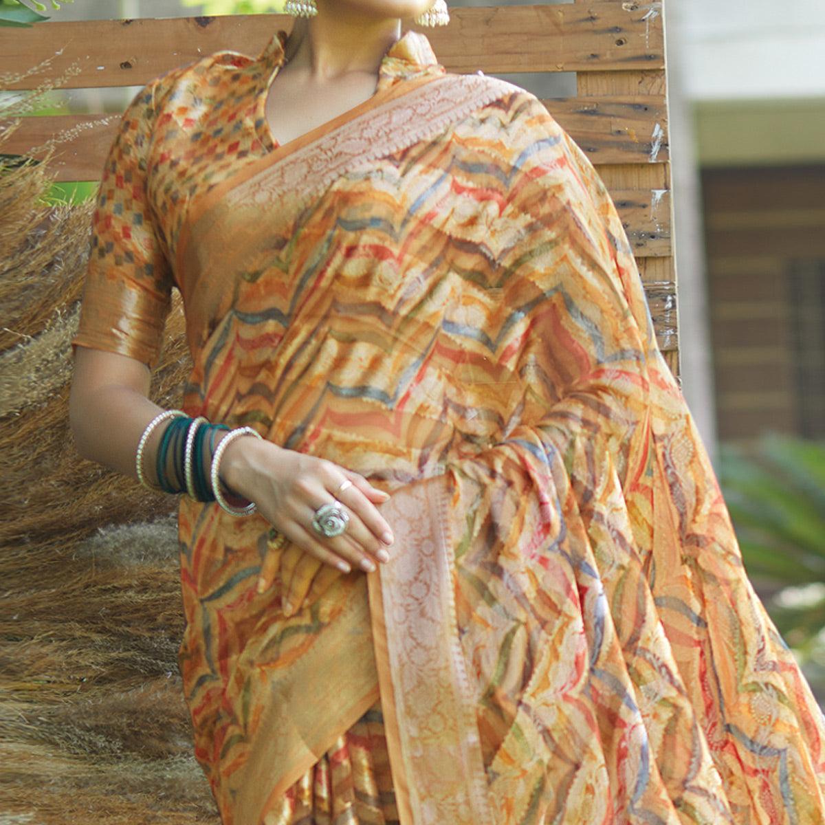 Light Orange Digital Printed Art Silk Saree With Tassels - Peachmode