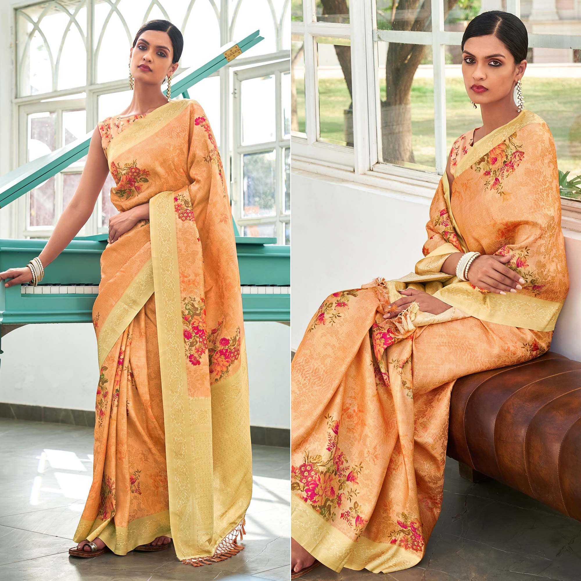 Light Orange Digital Printed Pure Silk Saree With Tassels - Peachmode