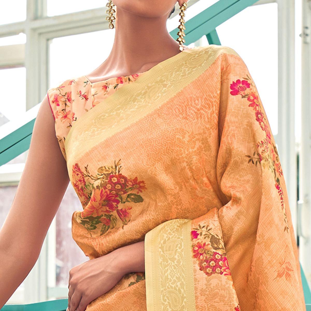 Light Orange Digital Printed Pure Silk Saree With Tassels - Peachmode