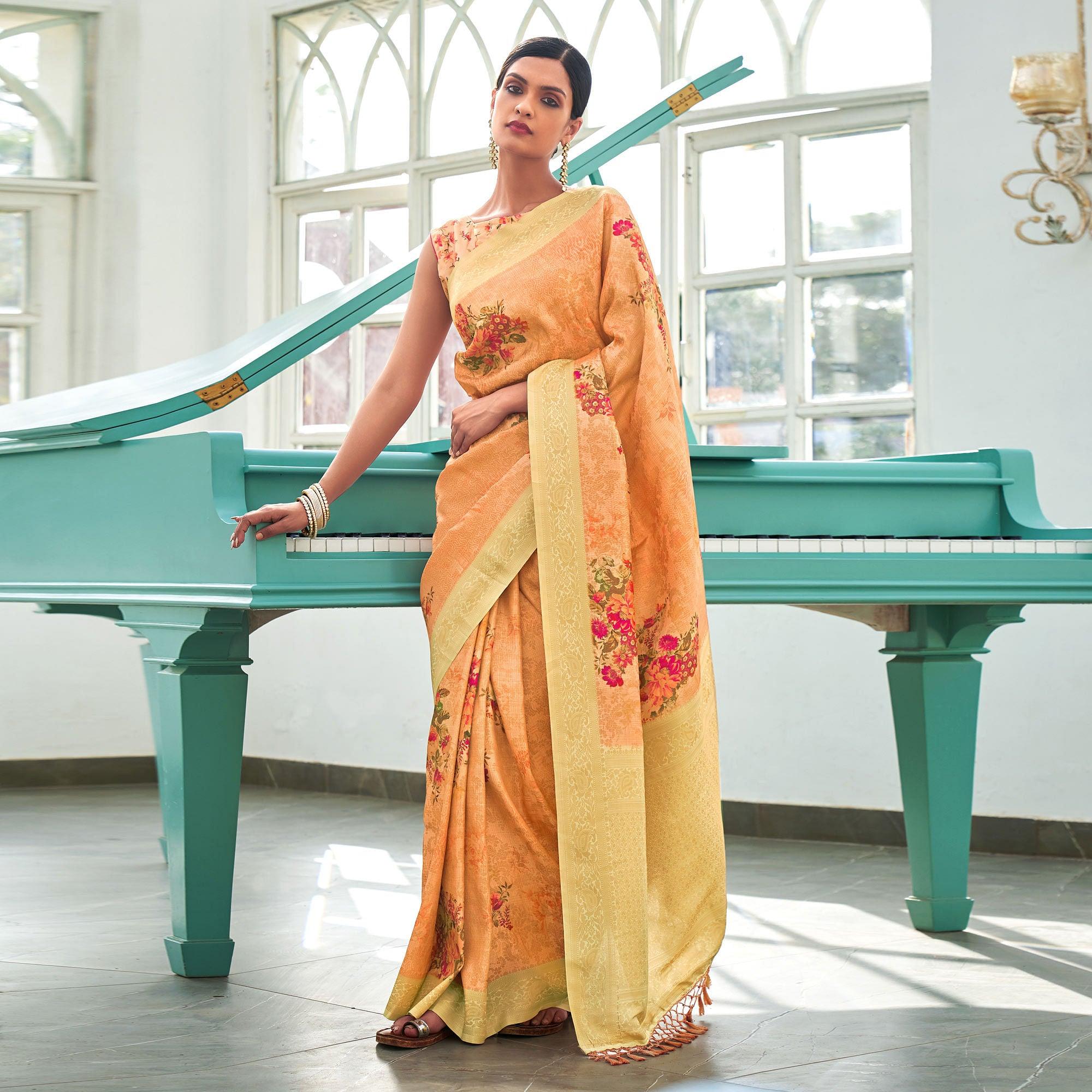 Light Orange Digital Printed Pure Silk Saree With Tassels - Peachmode