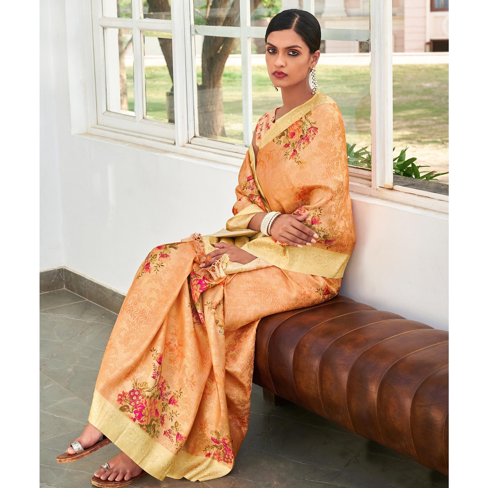 Light Orange Digital Printed Pure Silk Saree With Tassels - Peachmode