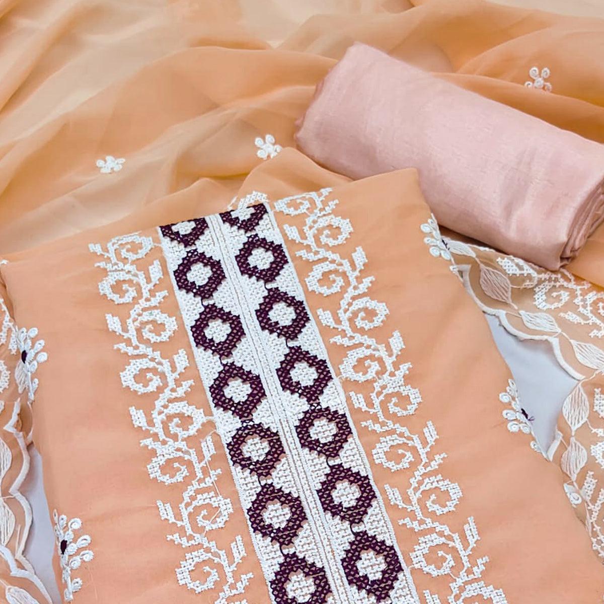 Light Orange Embroidered Georgette Dress Material - Peachmode