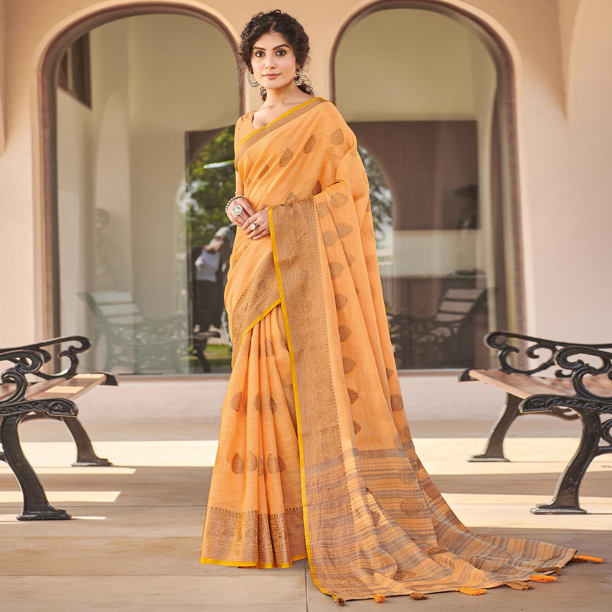Light Orange Festive Wear Embroidered Cotton Saree - Peachmode