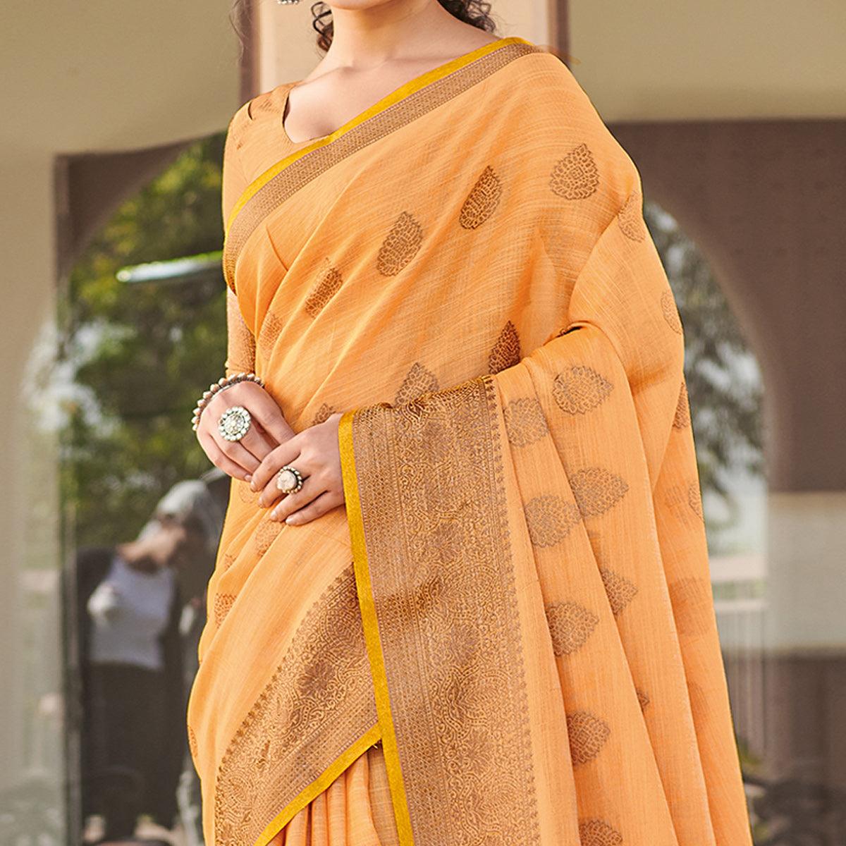 Light Orange Festive Wear Embroidered Cotton Saree - Peachmode