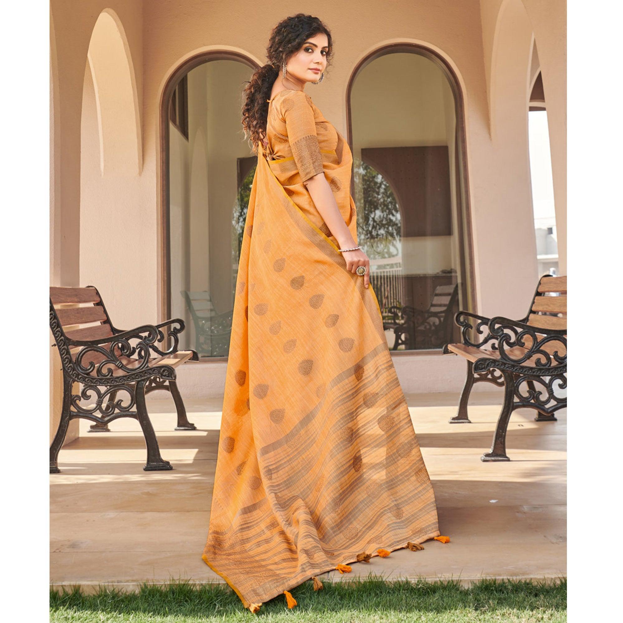 Light Orange Festive Wear Embroidered Cotton Saree - Peachmode