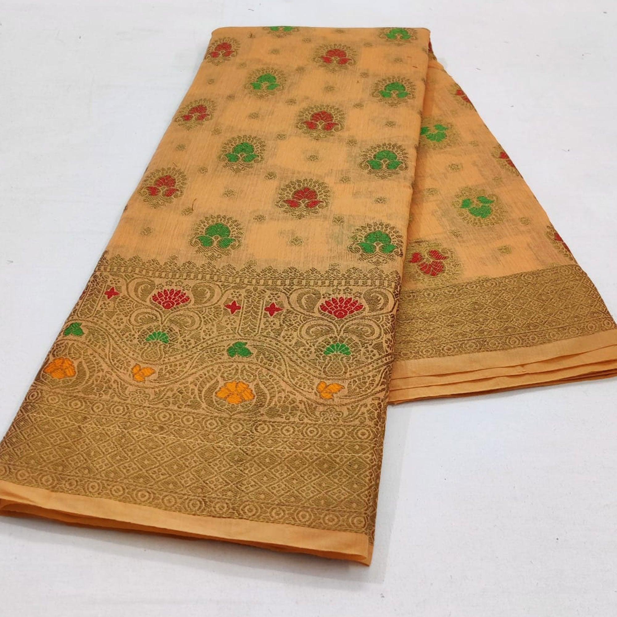 Light Orange Festive Wear Floral Woven Cotton Saree With Meena Butta Pallu - Peachmode
