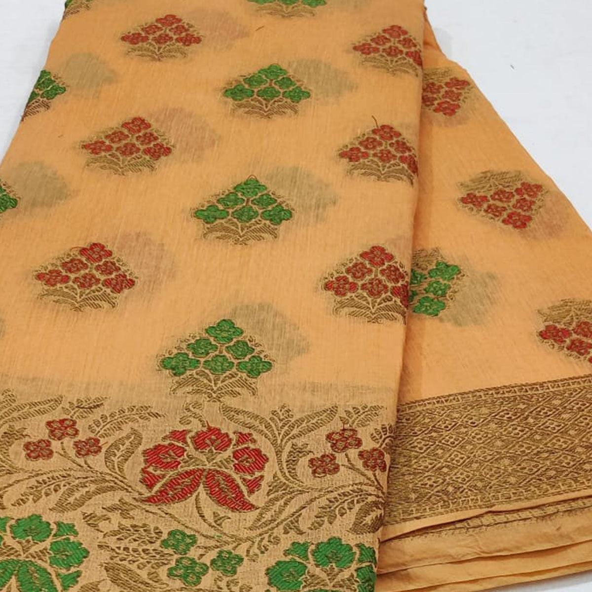 Light Orange Festive Wear Floral Woven Cotton Saree With Meena Butta Pallu - Peachmode