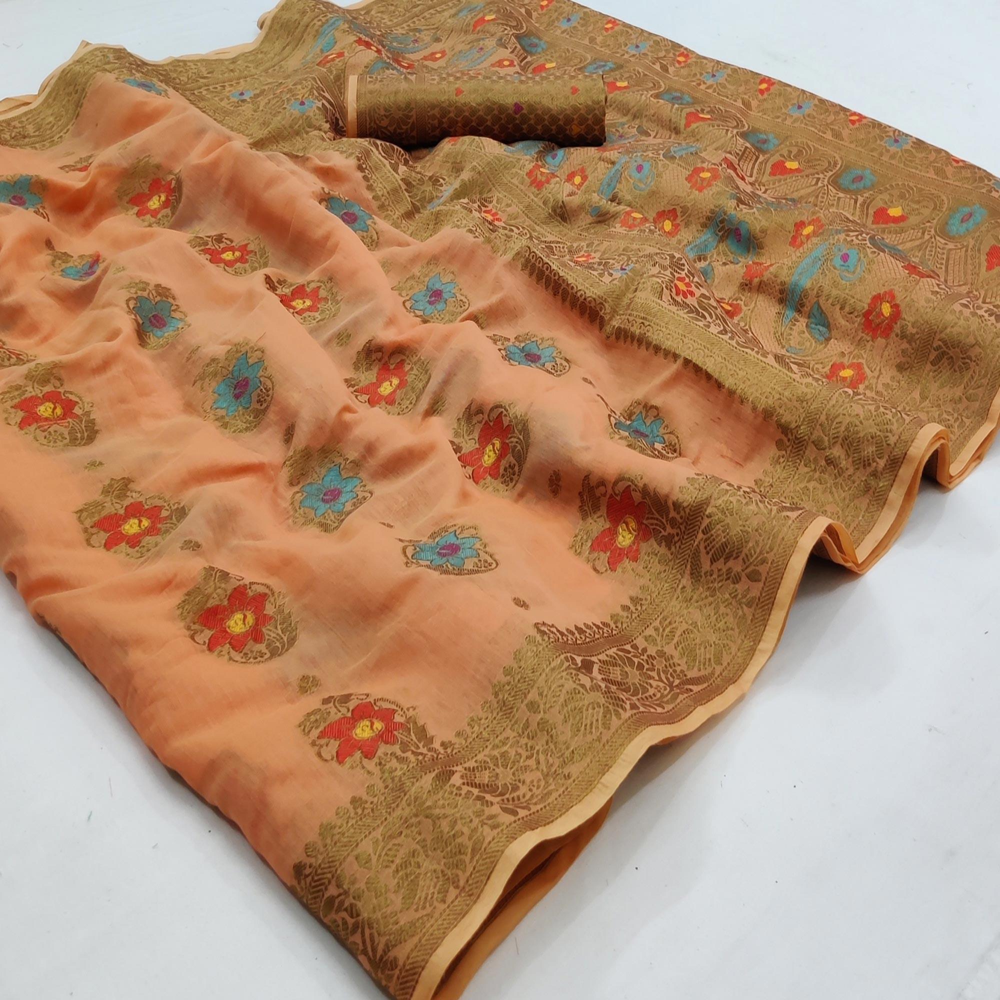 Light Orange Festive Wear Printed Cotton Saree - Peachmode