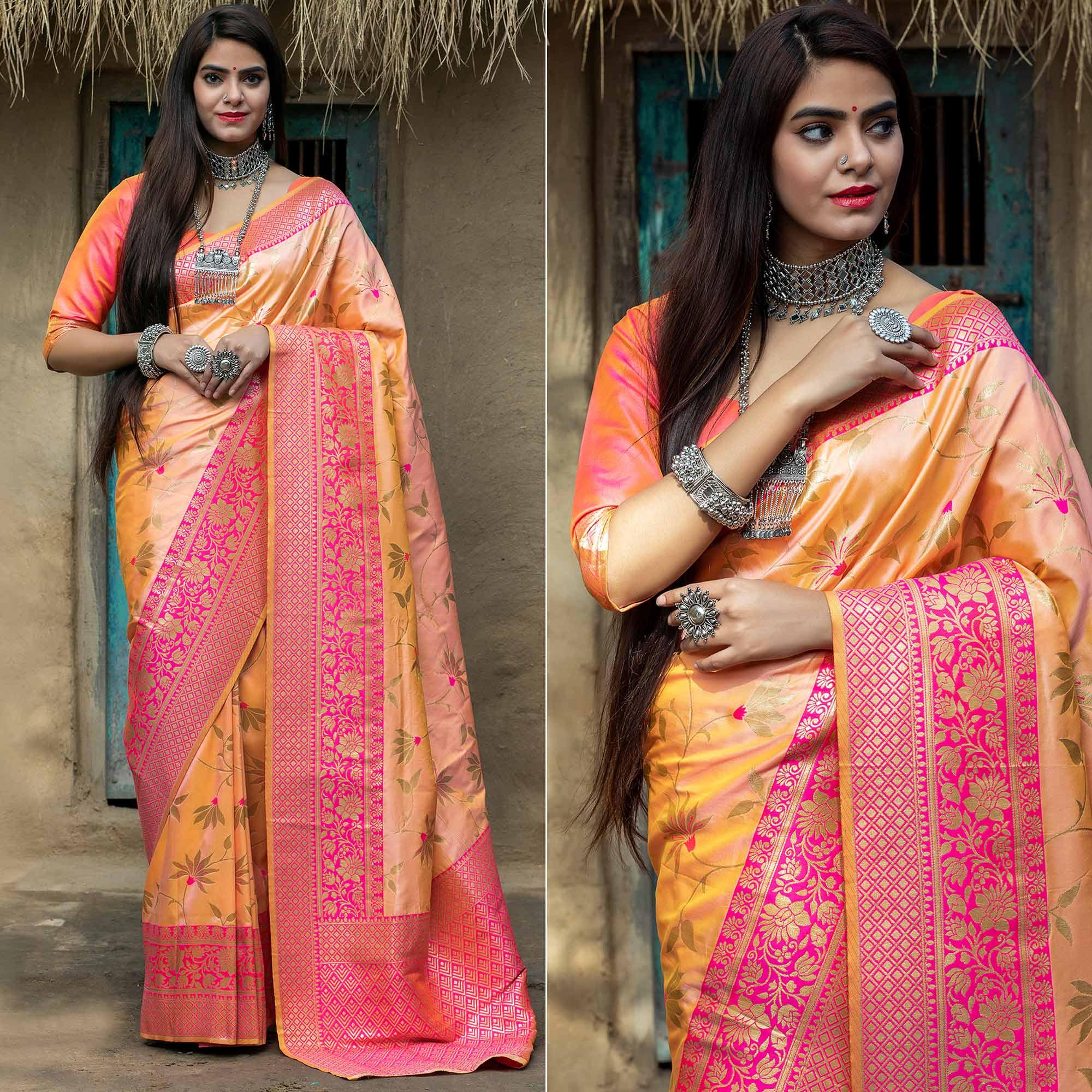 Light Orange Festive Wear Woven Banarasi Silk Saree - Peachmode
