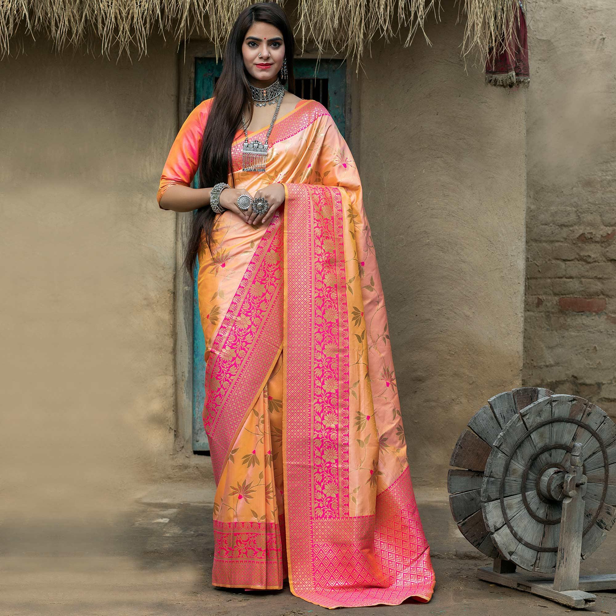 Light Orange Festive Wear Woven Banarasi Silk Saree - Peachmode