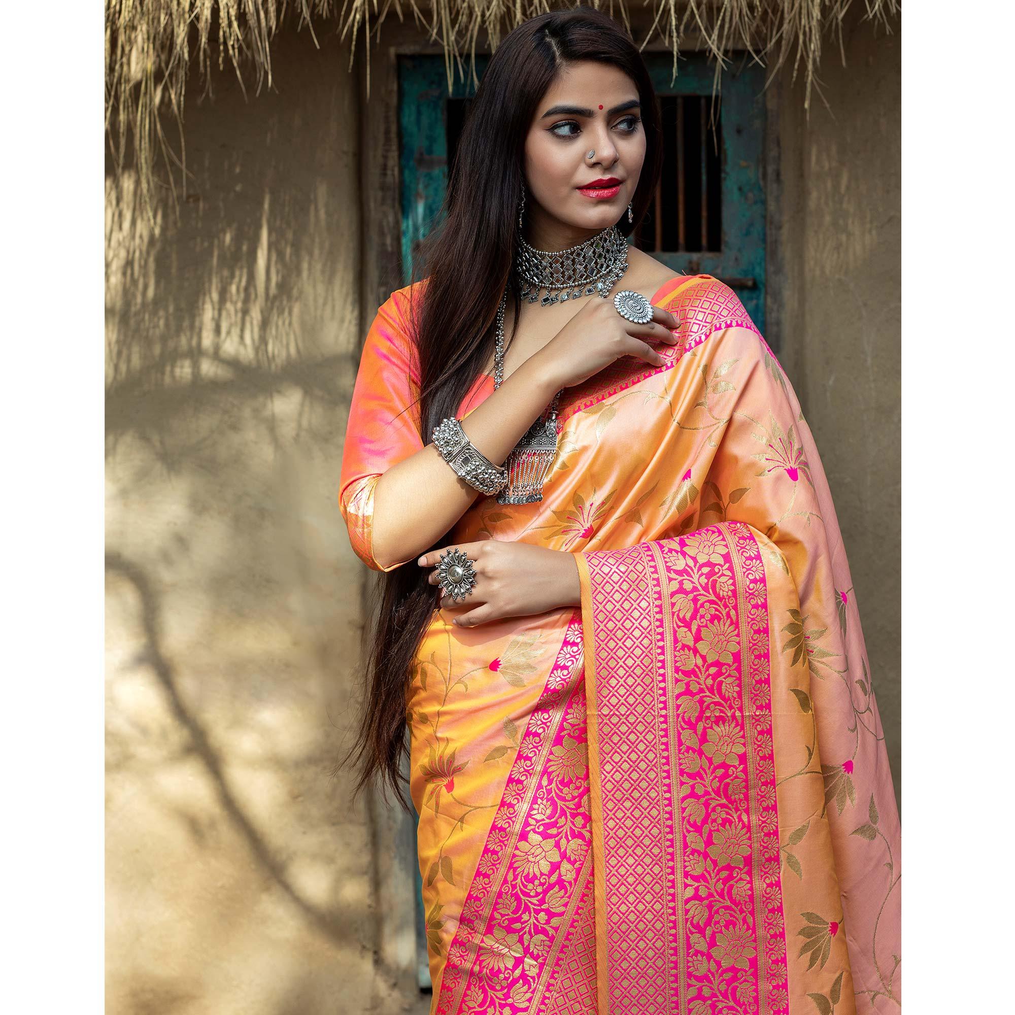 Light Orange Festive Wear Woven Banarasi Silk Saree - Peachmode