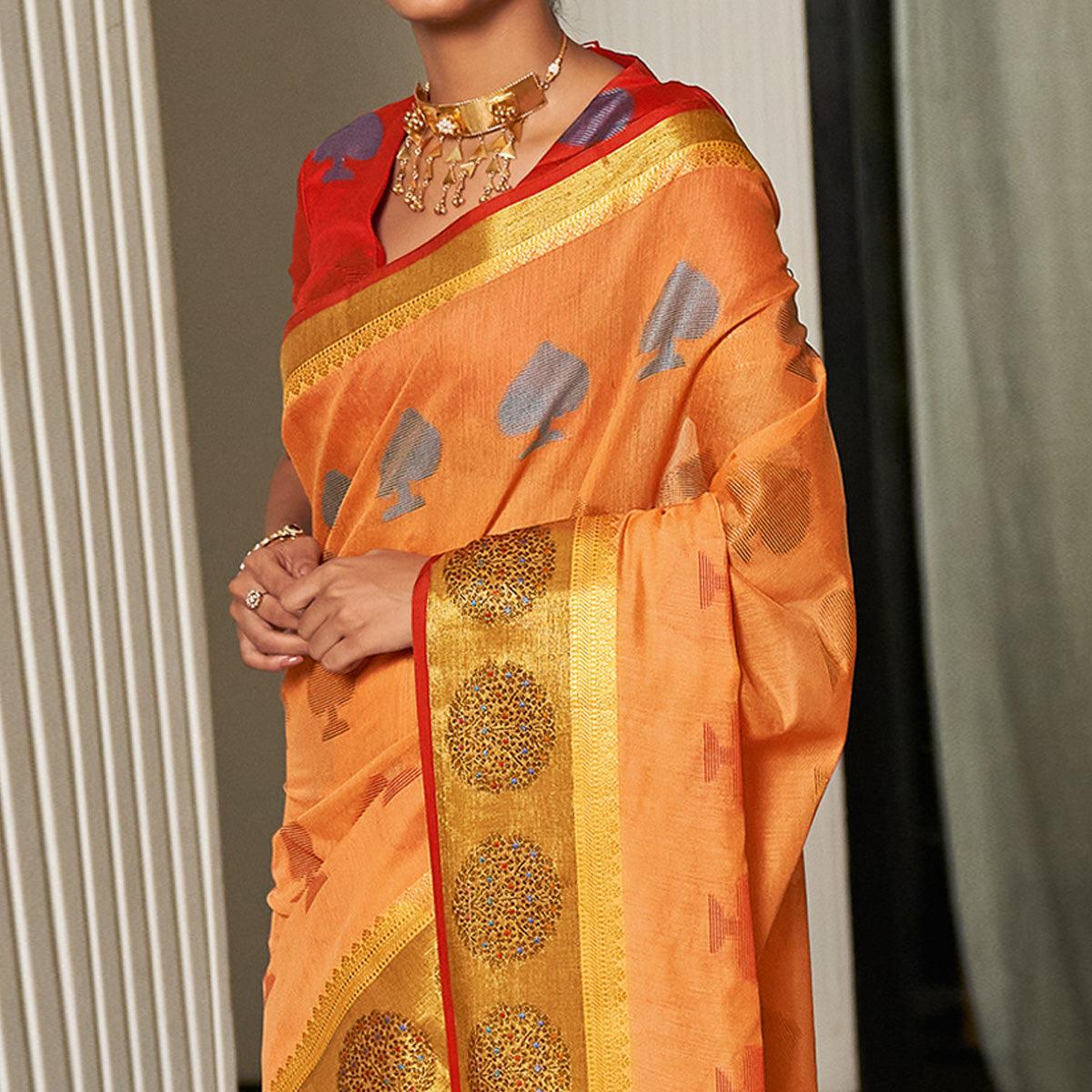 Light Orange Festive Wear Woven Cotton Handloom Saree - Peachmode