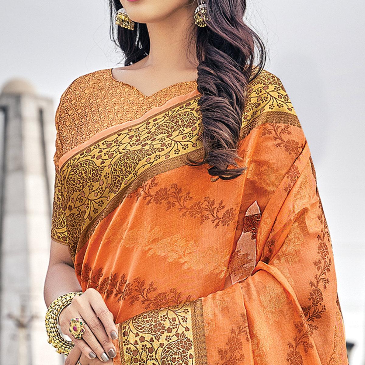 Light Orange Festive Wear Woven Organza Saree - Peachmode