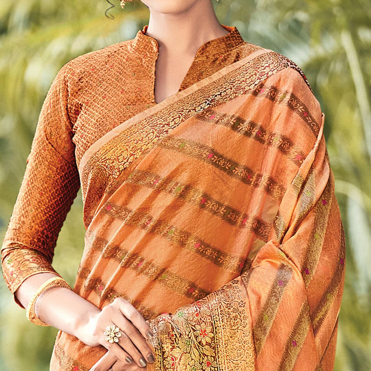 Light Orange Festive Wear Woven Organza Saree - Peachmode