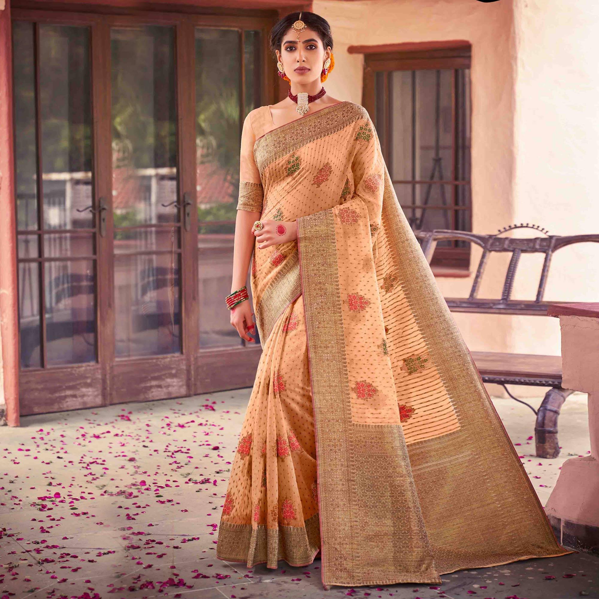 Light Orange Festive Wear Woven Soft Cotton Saree - Peachmode