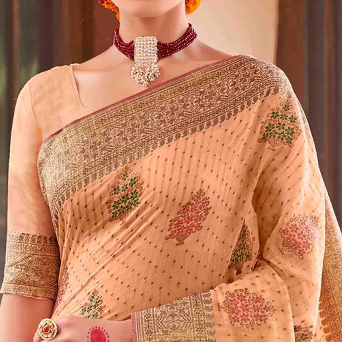 Light Orange Festive Wear Woven Soft Cotton Saree - Peachmode