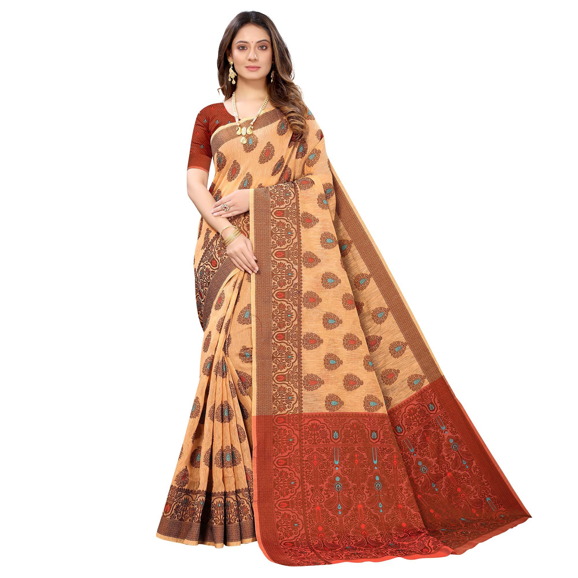 Light Orange Festive Wear Woven With Meena Butta Rich Pallu Cotton Saree - Peachmode
