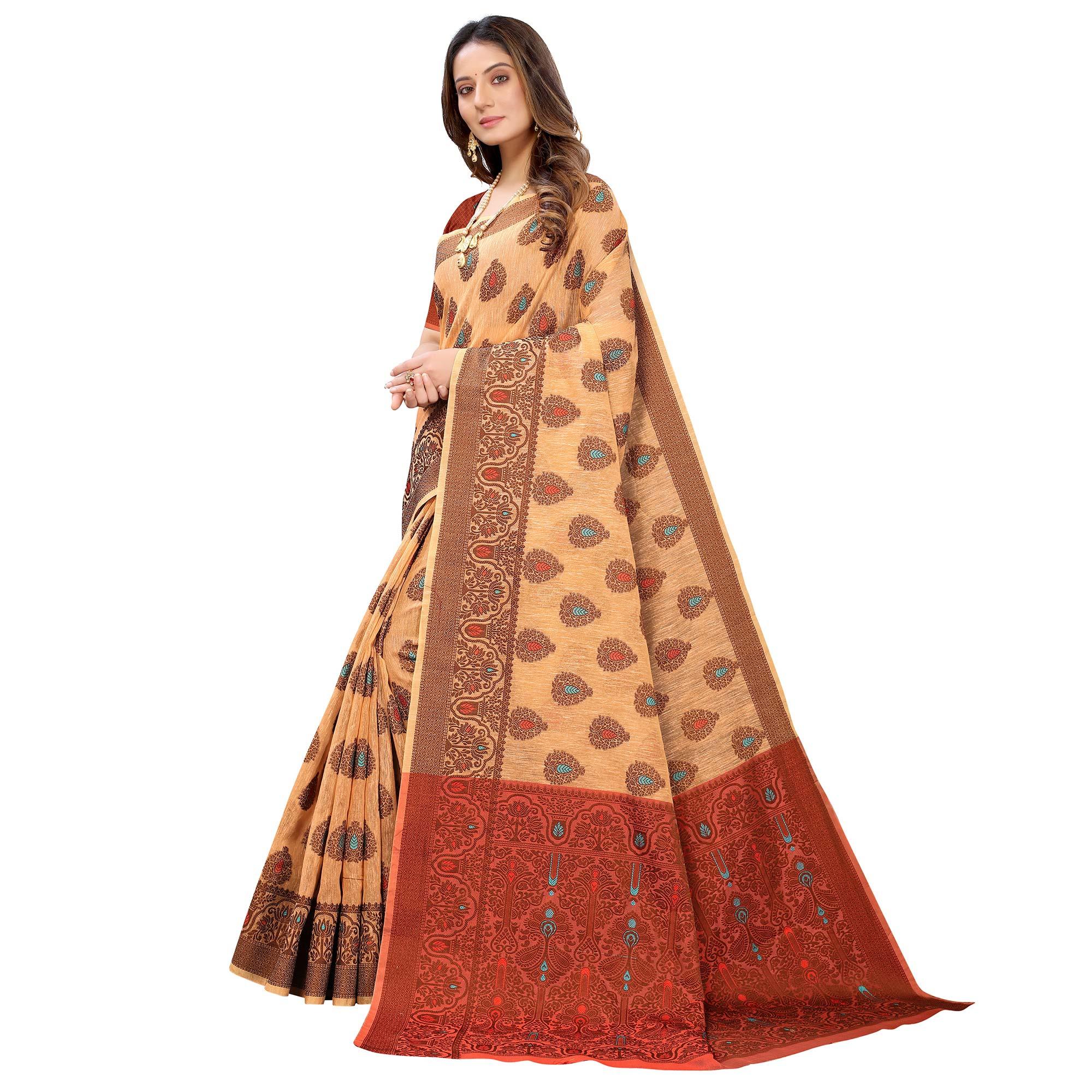 Light Orange Festive Wear Woven With Meena Butta Rich Pallu Cotton Saree - Peachmode
