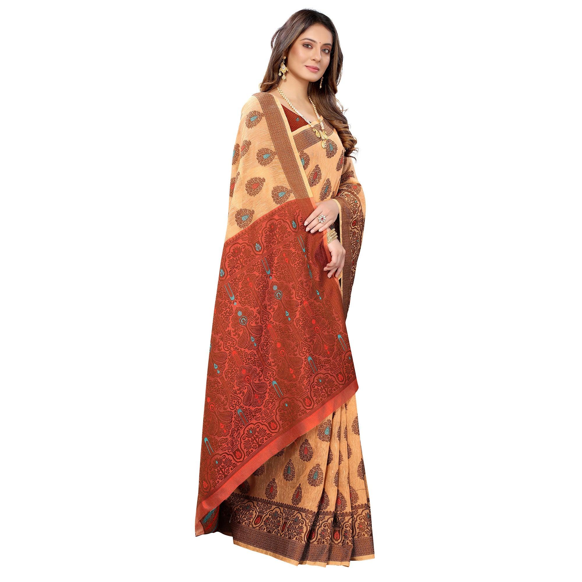 Light Orange Festive Wear Woven With Meena Butta Rich Pallu Cotton Saree - Peachmode