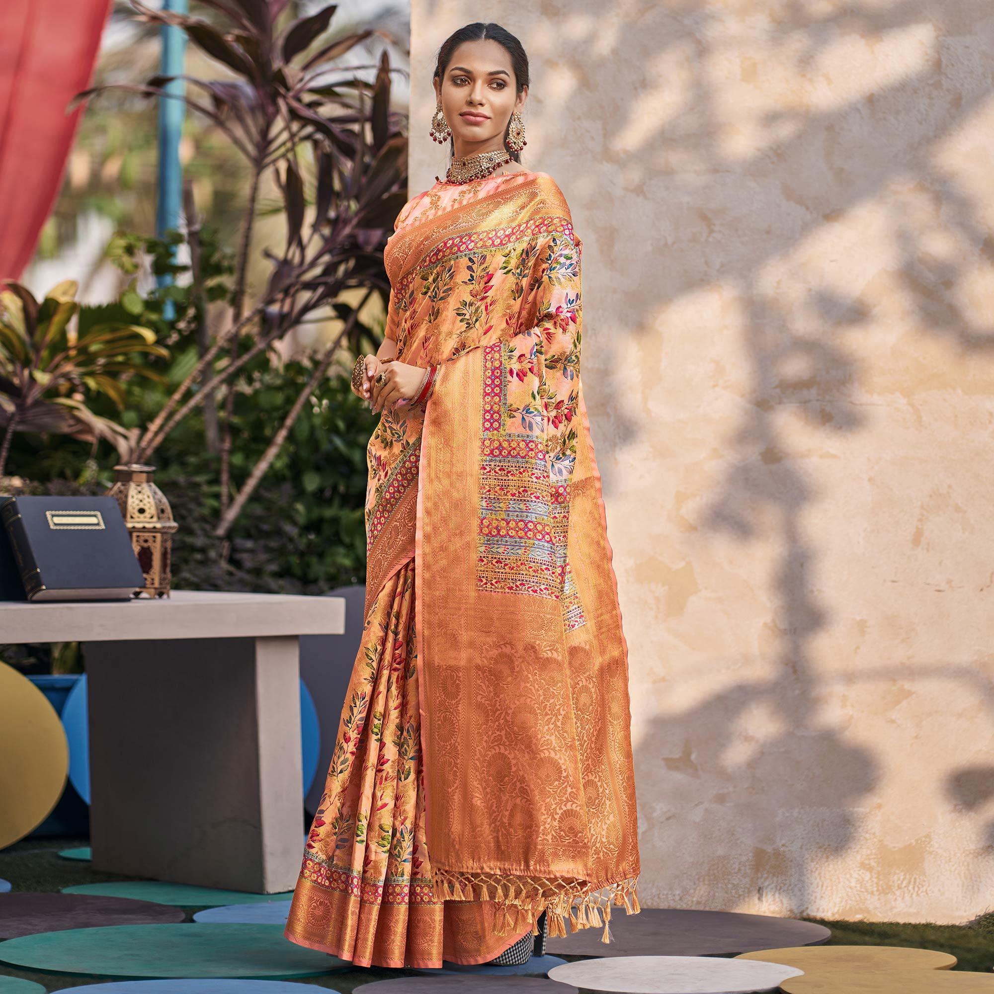 Light Orange Floral Digital Printed Pure Silk Saree - Peachmode