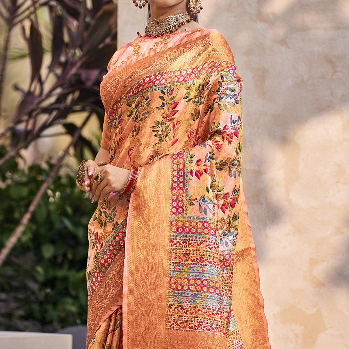 Light Orange Floral Digital Printed Pure Silk Saree - Peachmode