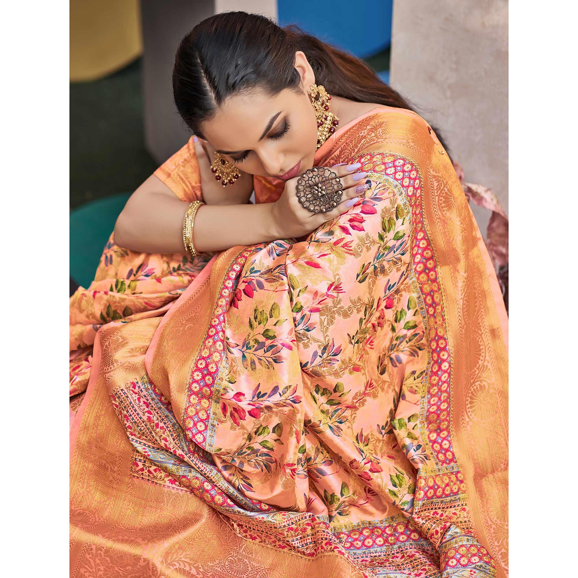 Light Orange Floral Digital Printed Pure Silk Saree - Peachmode