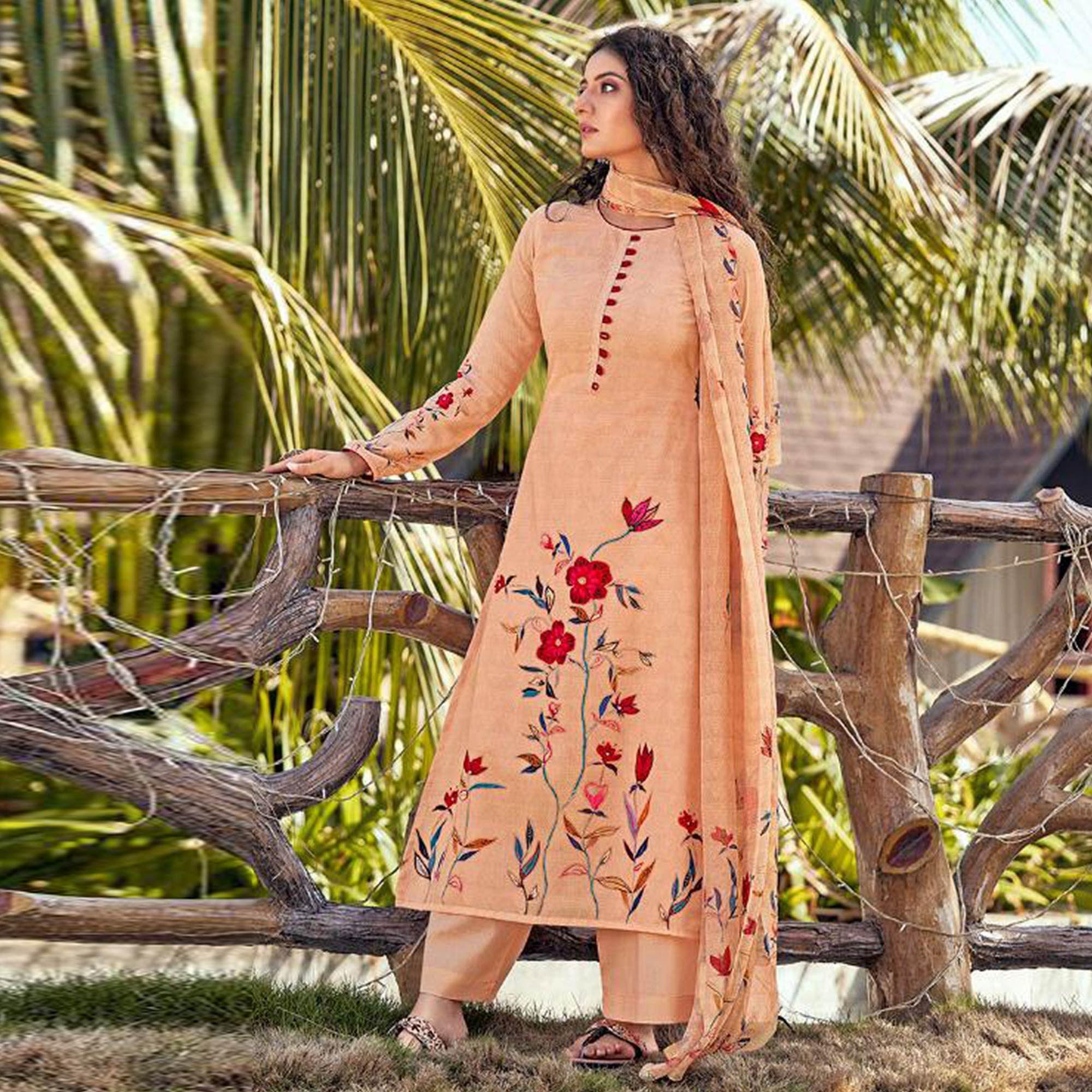 Light Orange Floral Digital Printed With Handwork Cambric Cotton Partywear Suit - Peachmode