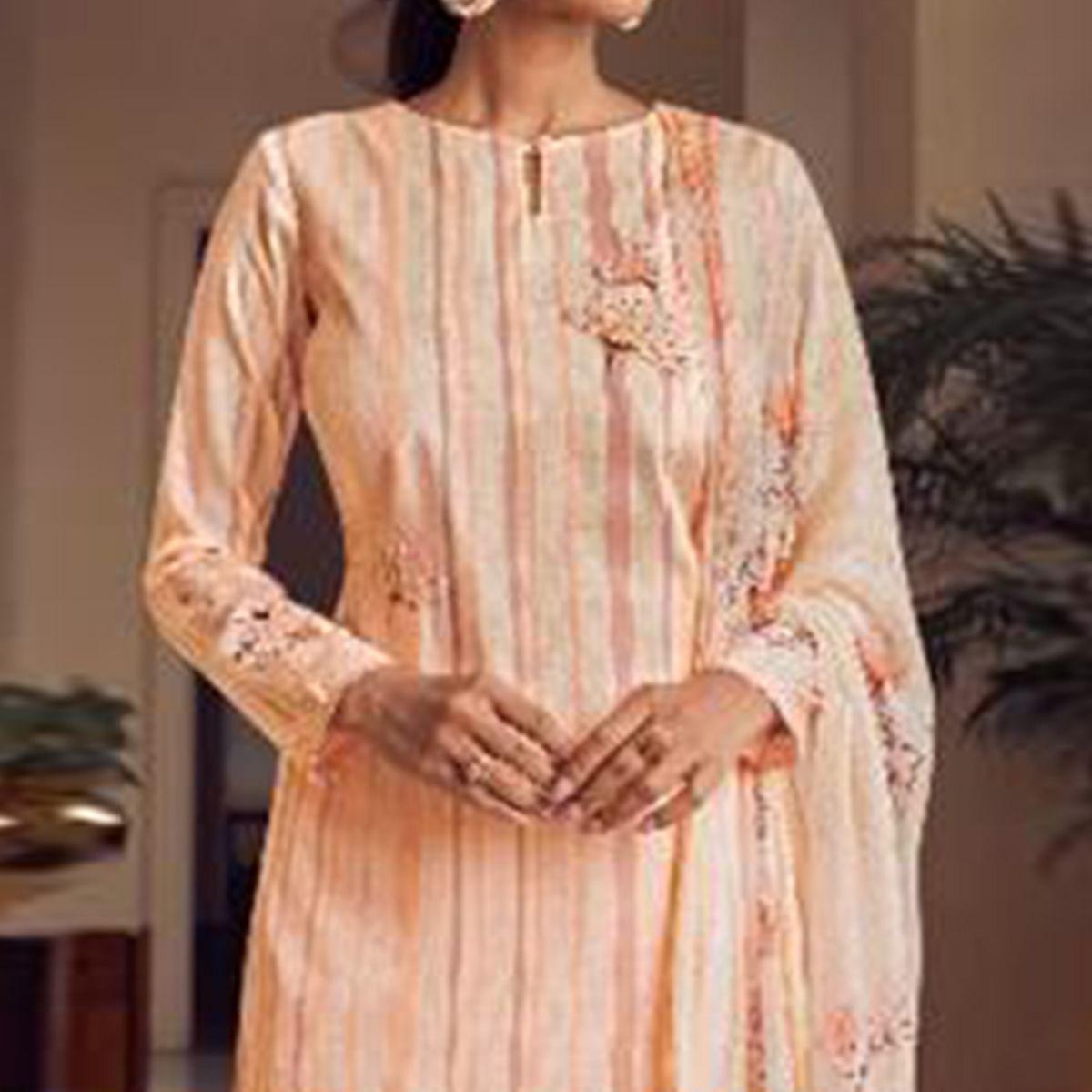 Light Orange Floral Digital Printed With Handwork Cambric Cotton Partywear Suit - Peachmode