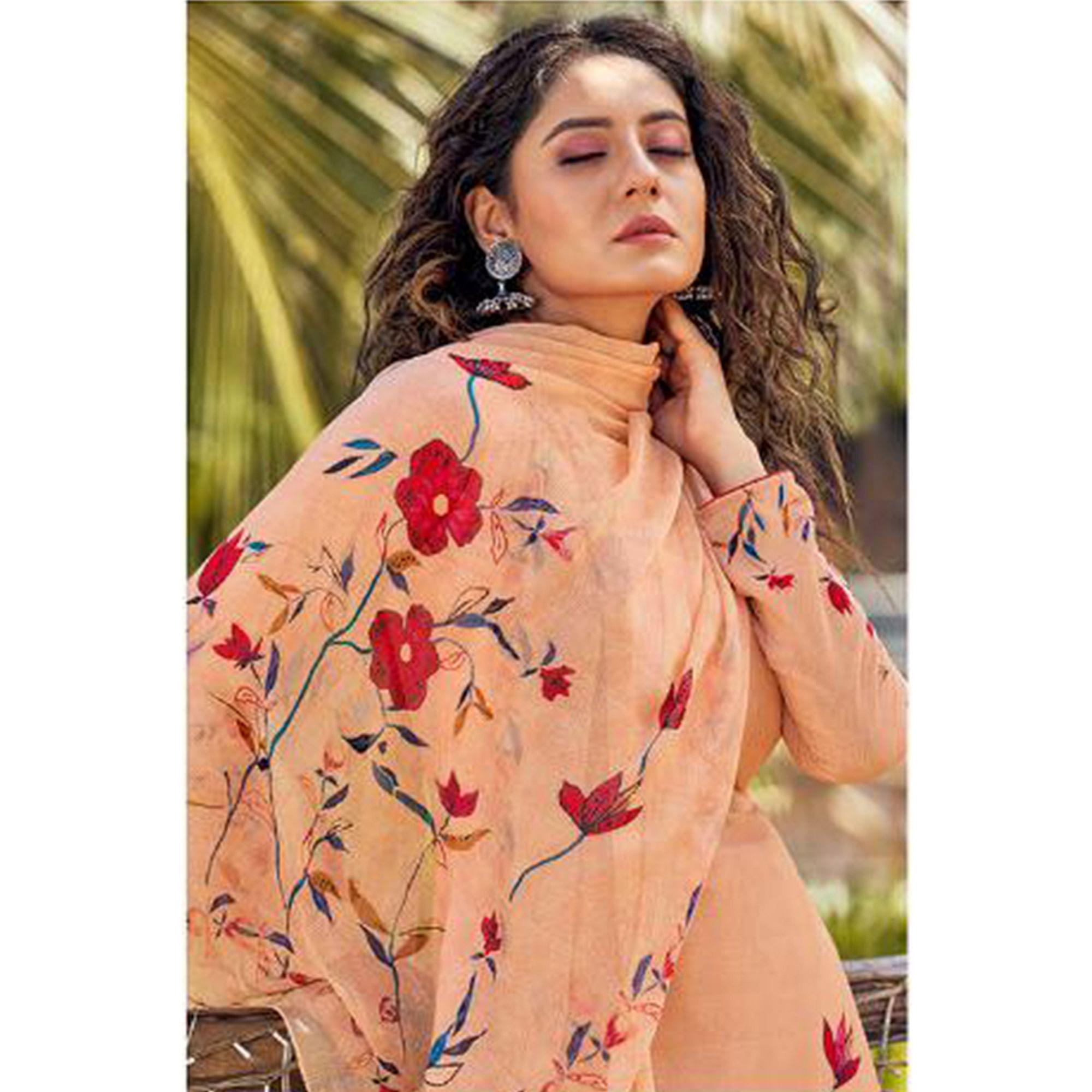 Light Orange Floral Digital Printed With Handwork Cambric Cotton Partywear Suit - Peachmode