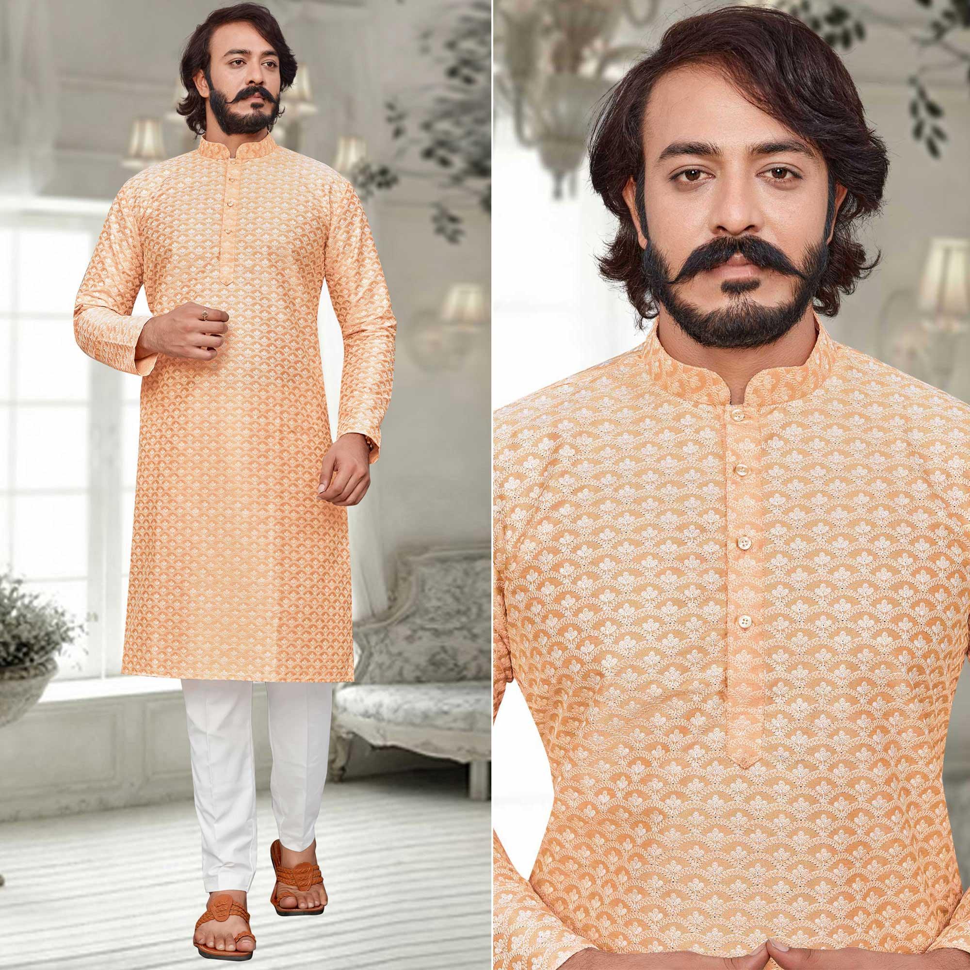 Light Orange Lucknowi Work Art Silk Kurta Pyjama Set - Peachmode