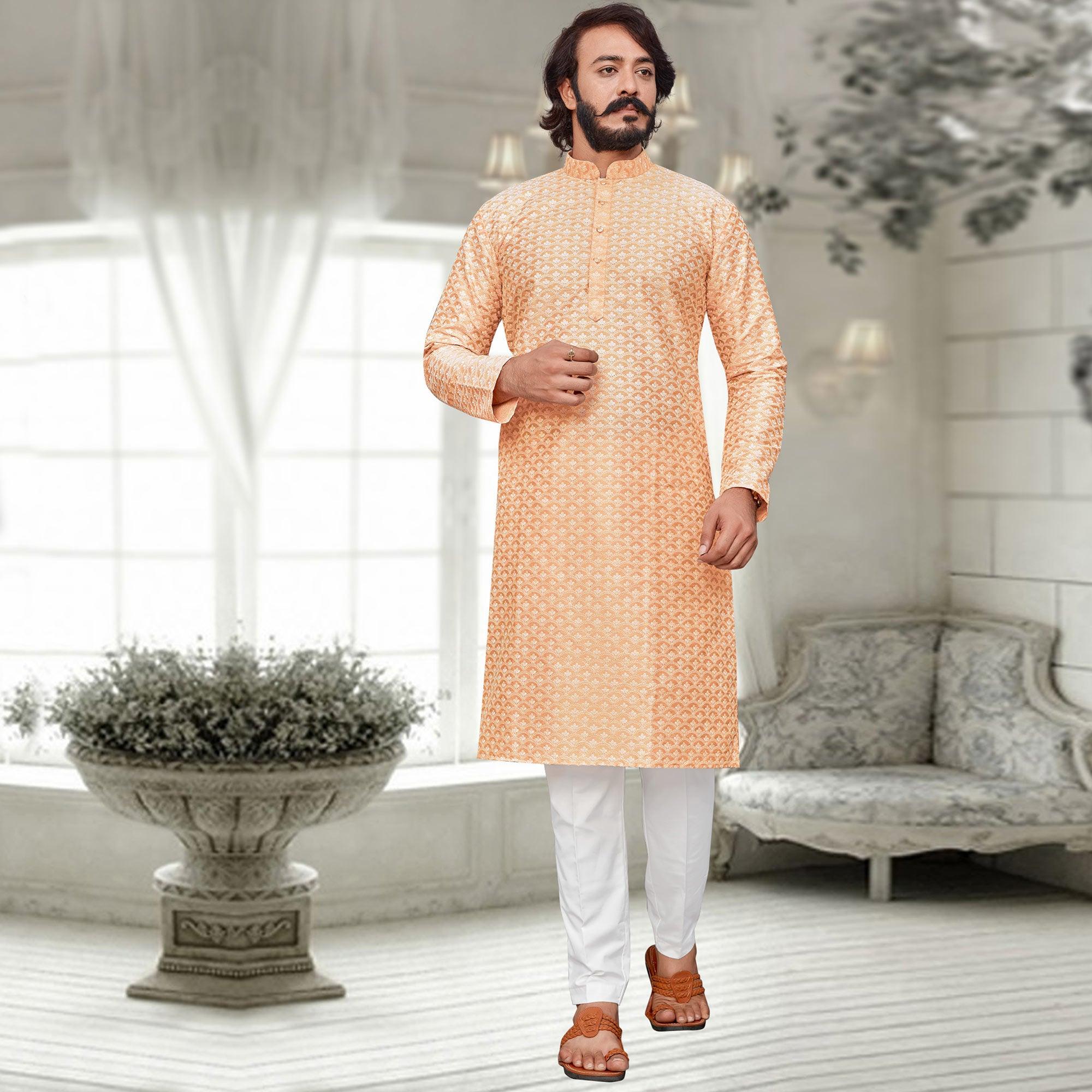 Light Orange Lucknowi Work Art Silk Kurta Pyjama Set - Peachmode
