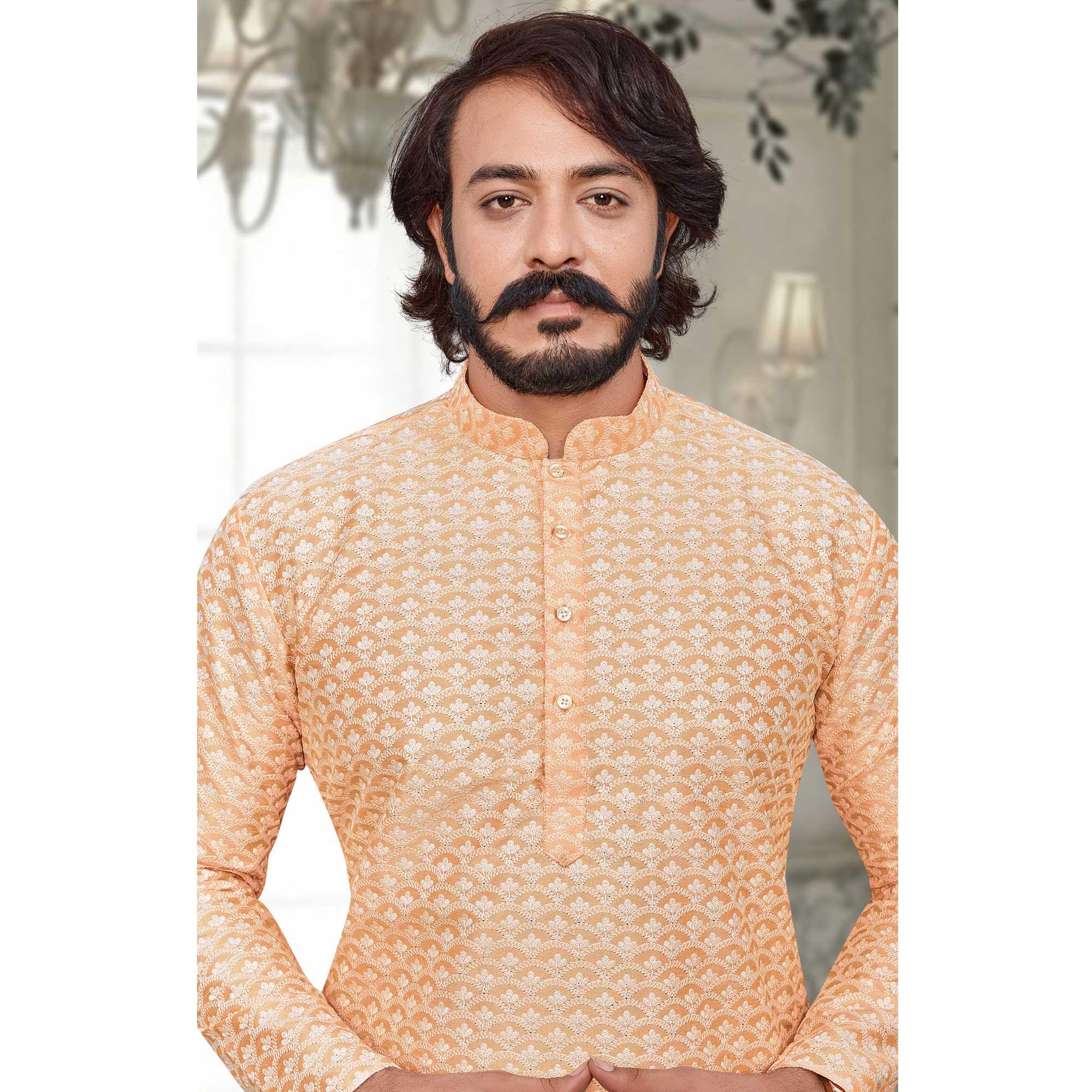 Light Orange Lucknowi Work Art Silk Kurta Pyjama Set - Peachmode