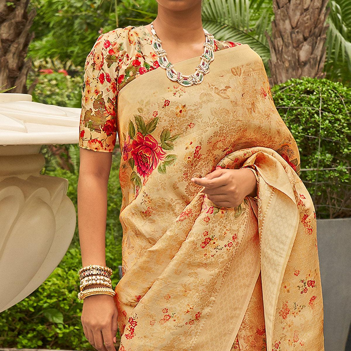 Light Orange Partywear Digital Printed Silk Saree - Peachmode